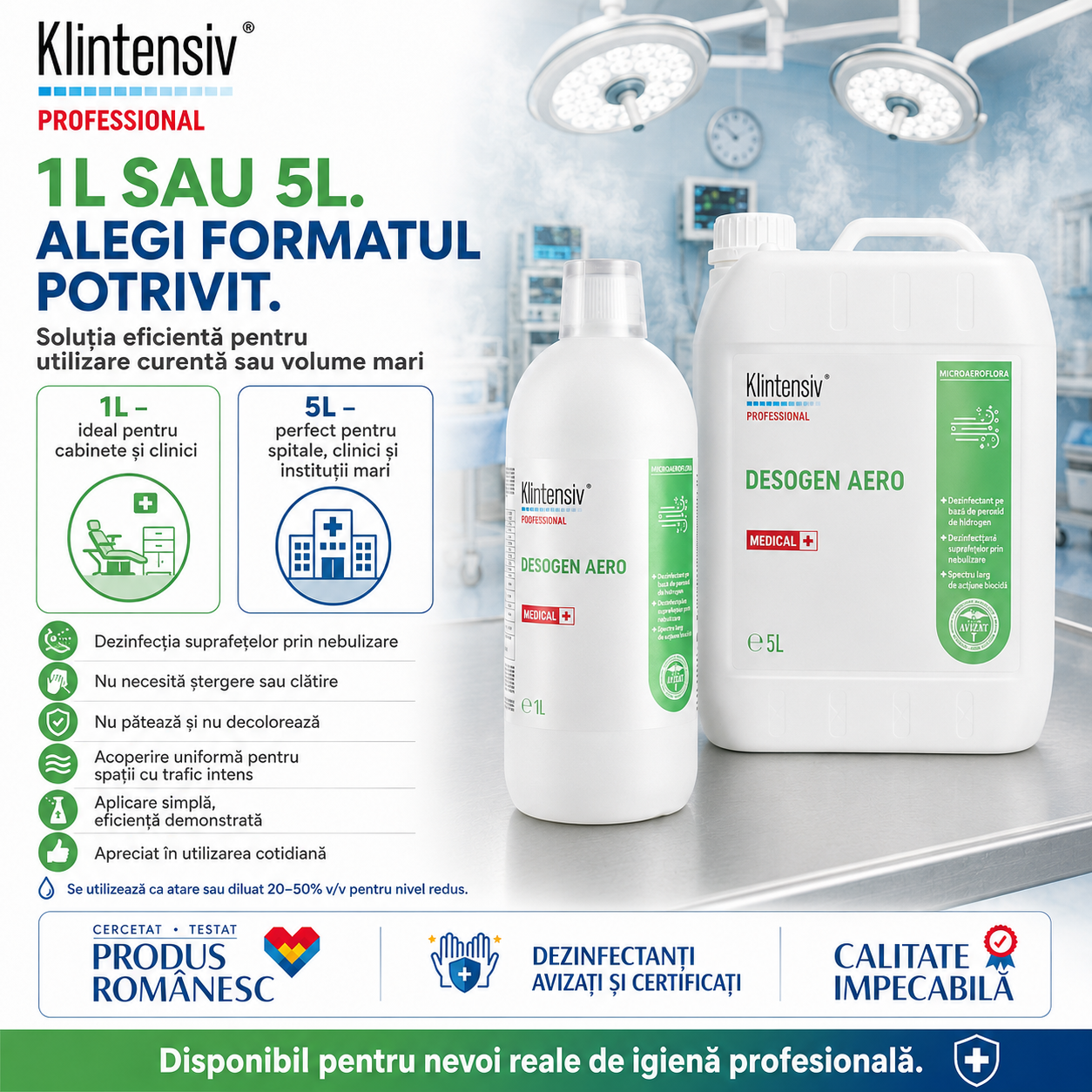 Caracteristici Desogen Aero pH 2,3 dozaj 10 ml pe metru cub nebulizare