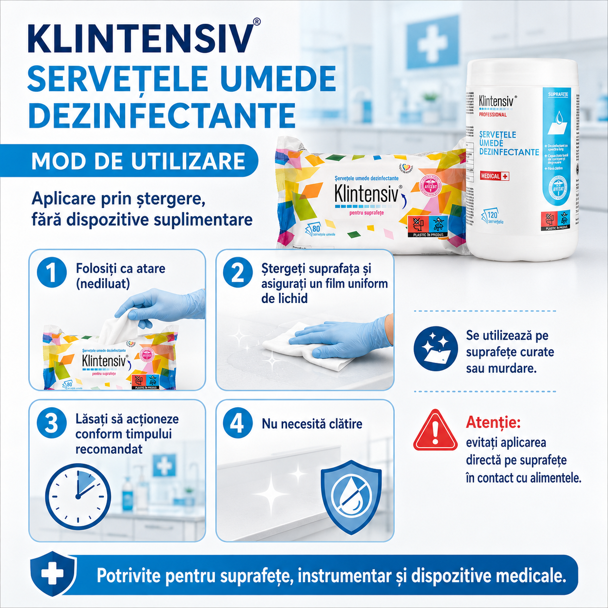 Instrucțiuni utilizare șervețele dezinfectante Klintensiv 2 șervețele pe metru pătrat