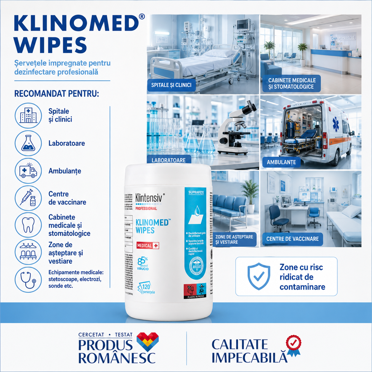 Caracteristici Klinomed Wipes 85% etanol pH 7 lichid incolor miros alcool