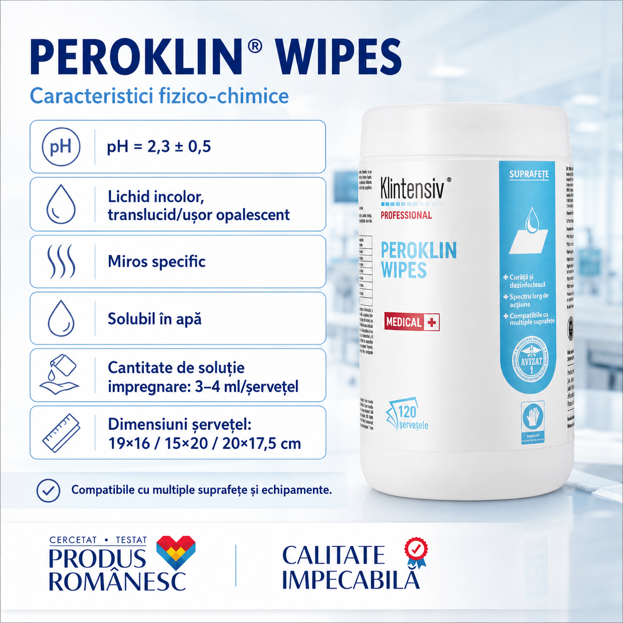 Compatibilitate Peroklin Wipes inox plastic cauciuc silicon teflon lemn marmură beton