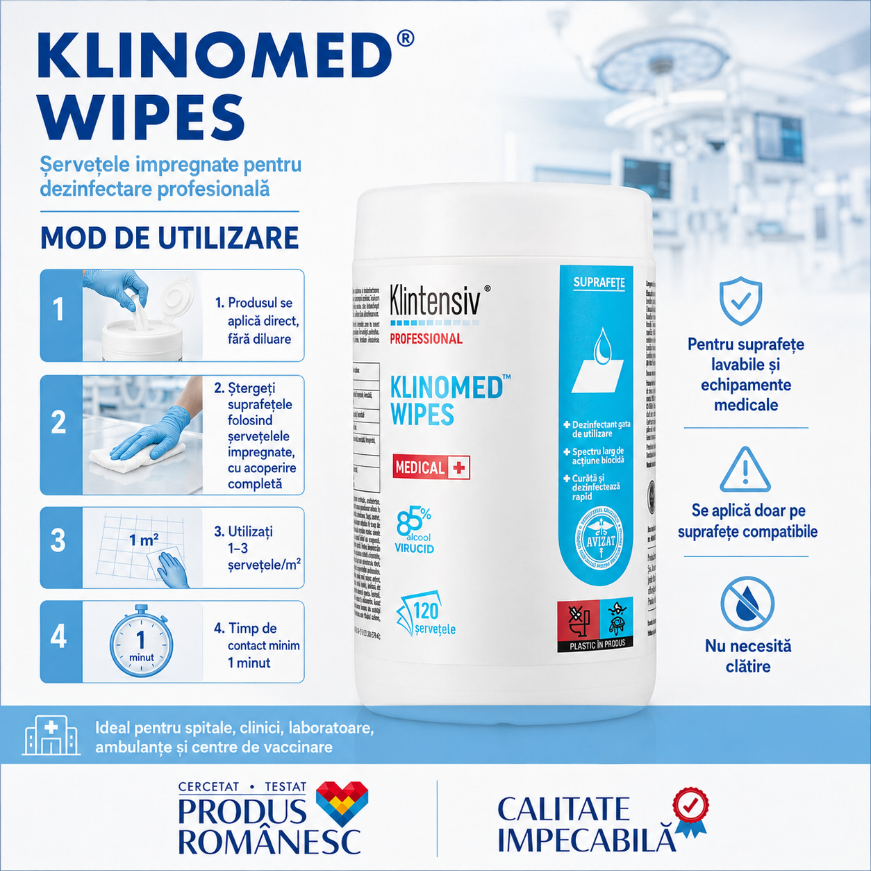 Instrucțiuni utilizare Klinomed Wipes 1-3 șervețele pe metru pătrat fără clătire