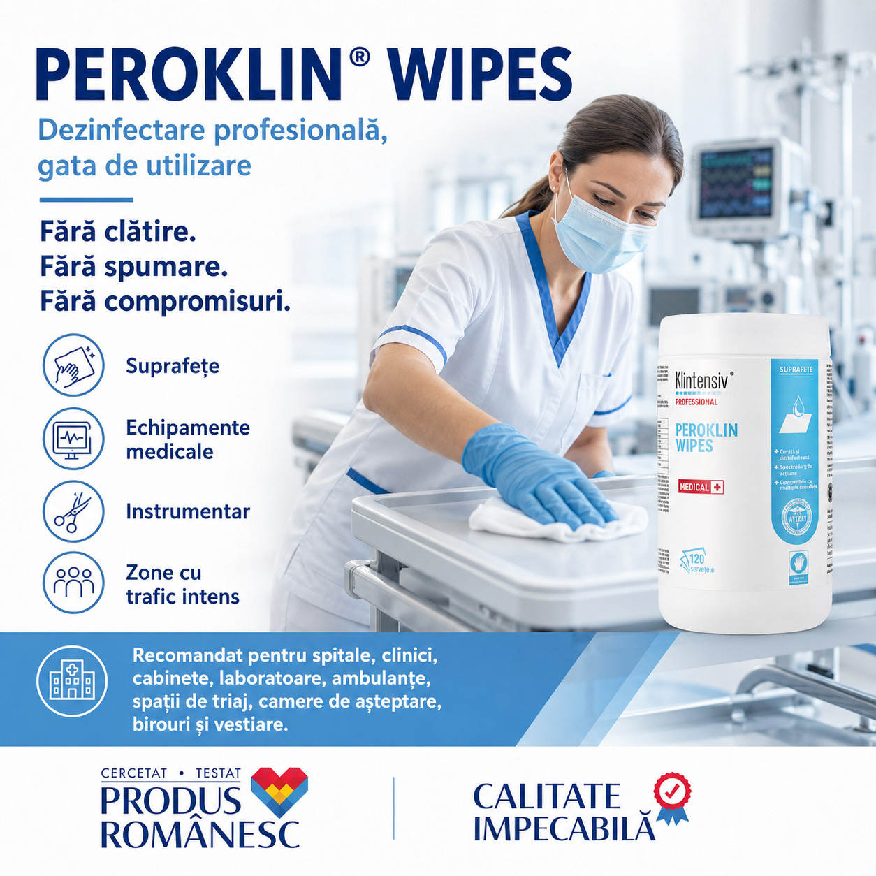 Caracteristici Peroklin Wipes pH 2,3 soluție impregnare 3-4 ml pe șervețel