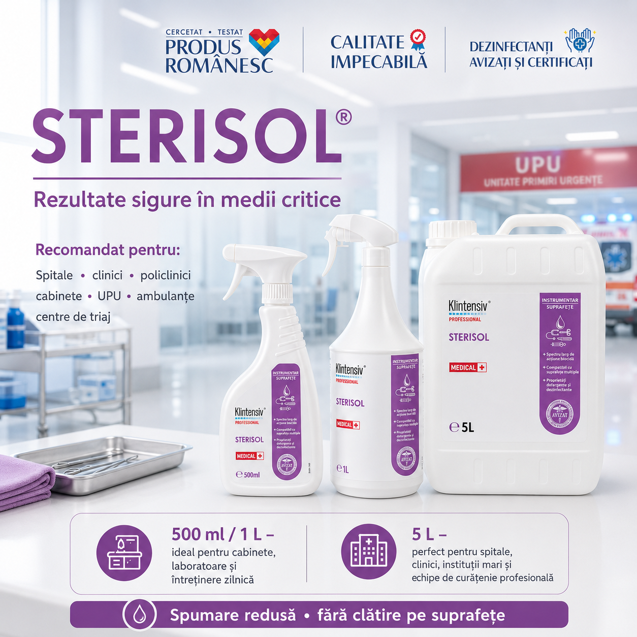 Caracteristici Sterisol RTU lichid incolor pH 10,8 gata de utilizare