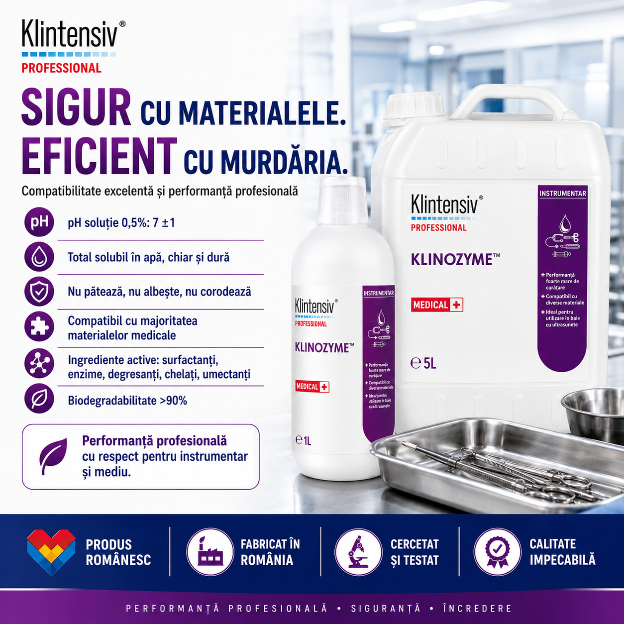 Instrucțiuni utilizare Klinozyme diluție 0,5% timp contact 5-10 minute