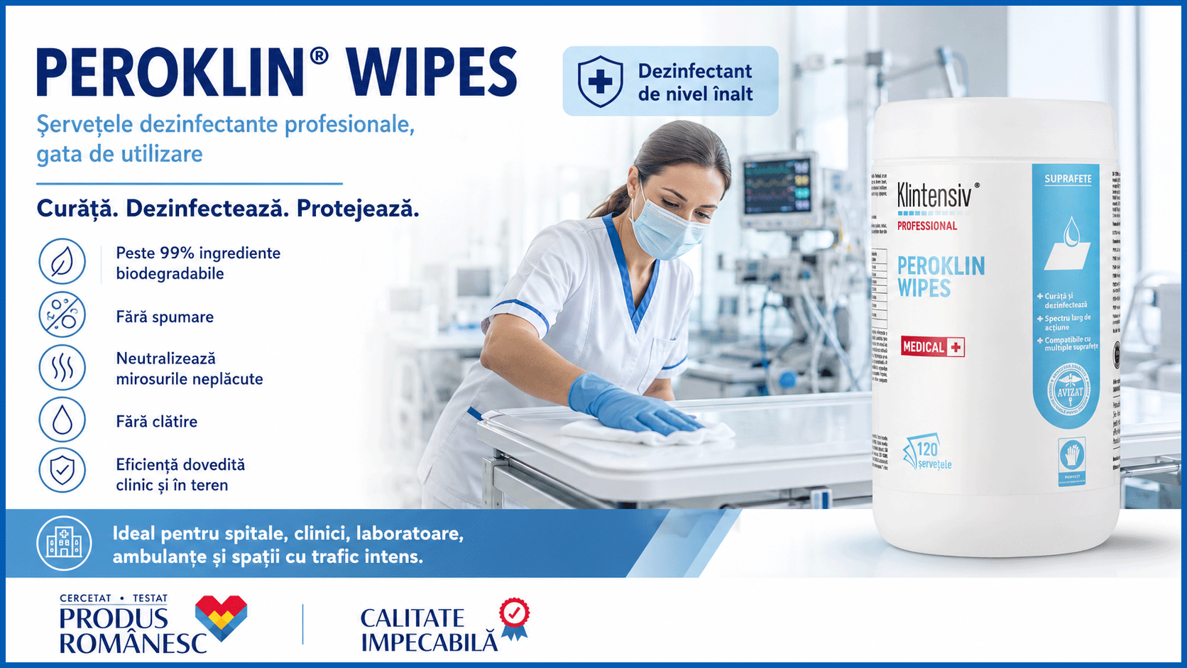 Peroklin Wipes șervețele dezinfectante profesionale gata de utilizare