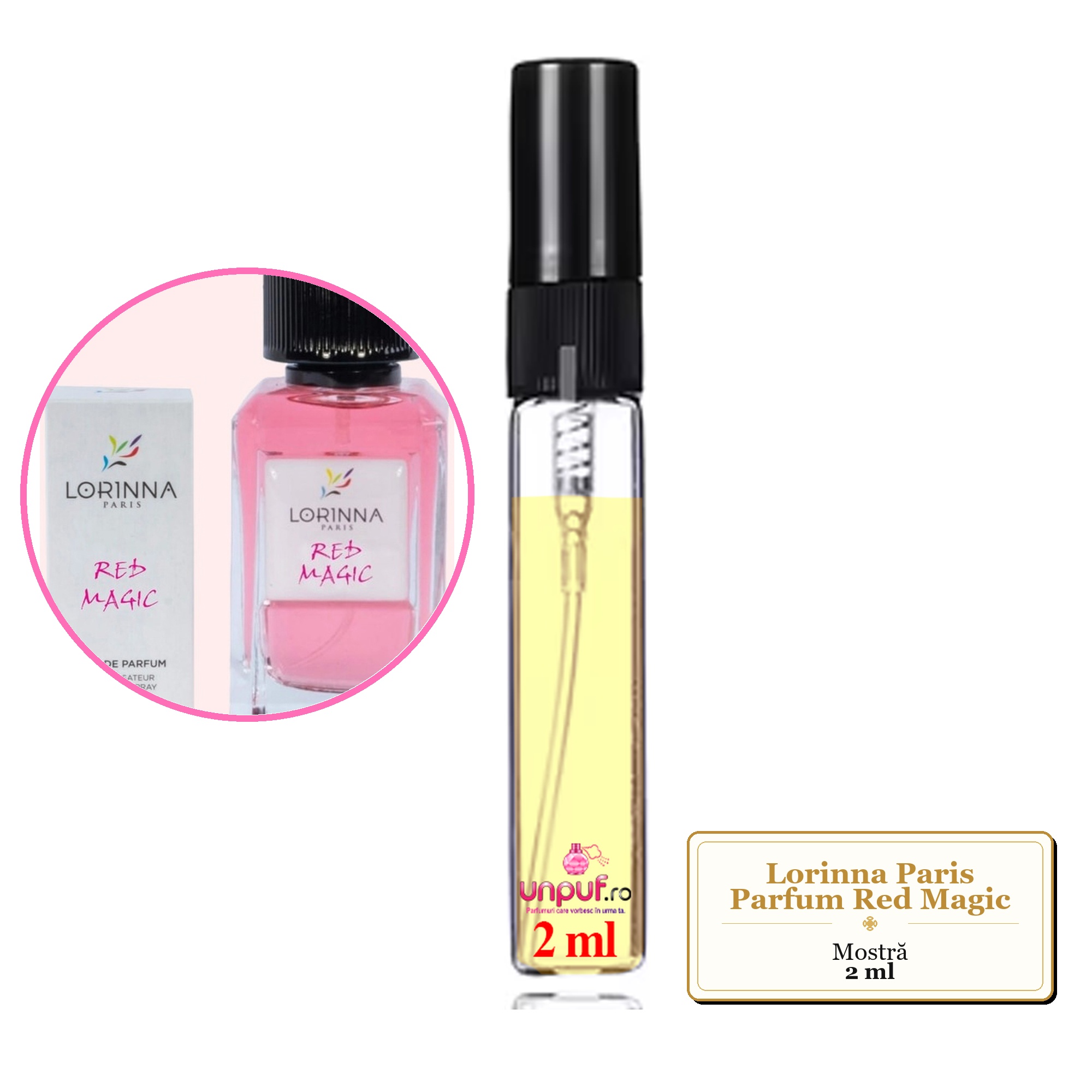 Mostra fiola din Parfumul Lorinna Paris Red Magic, decant sticla cu pulverizator
