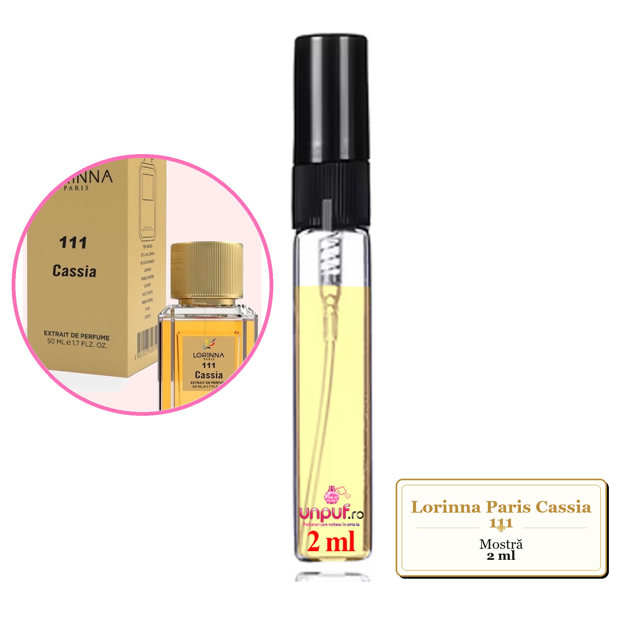 Mostra fiola din Parfumul Lorinna Paris Cassia 111, decant sticla cu pulverizator
