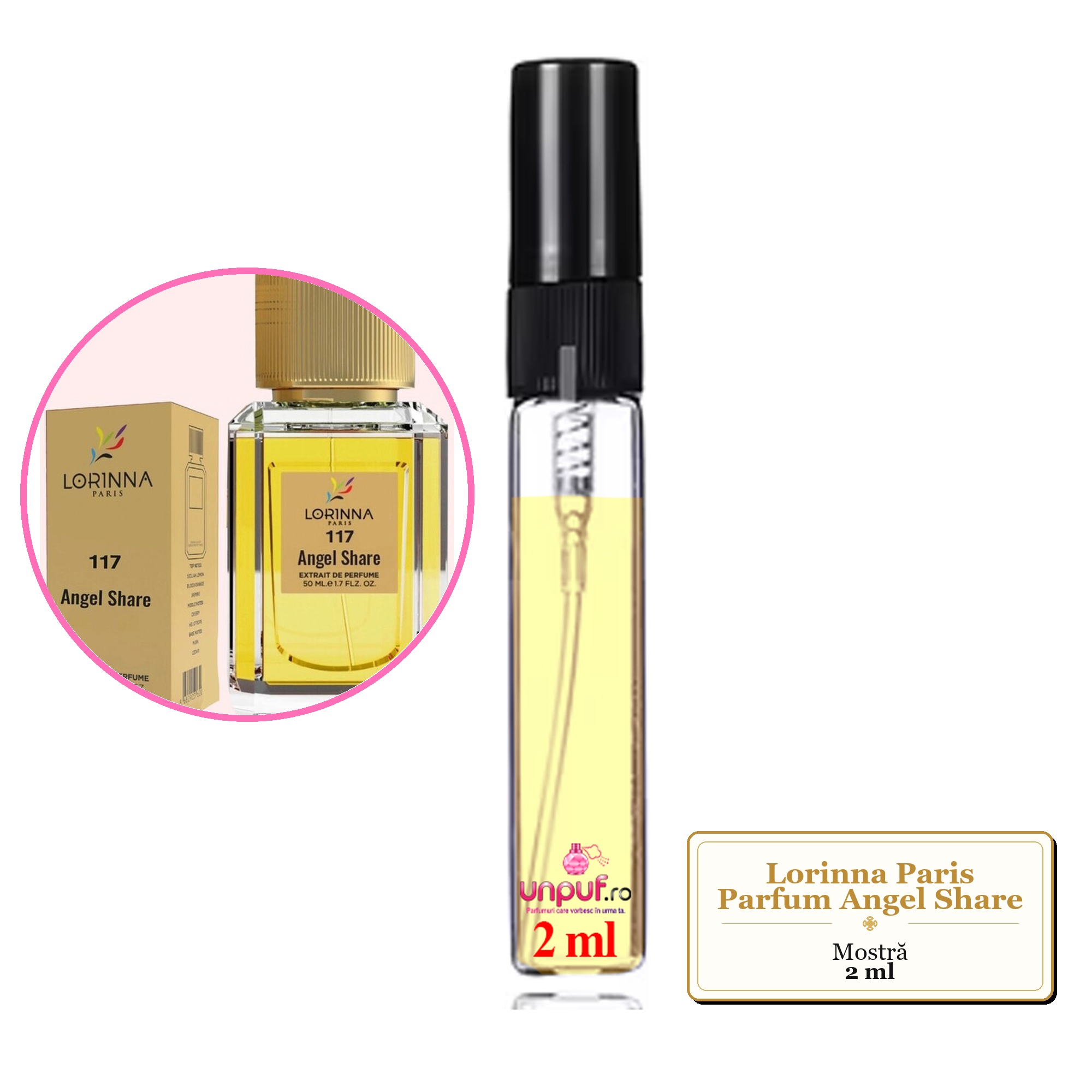 Mostra fiola din Parfumul Lorinna Paris Angel Share, decant sticla cu pulverizator