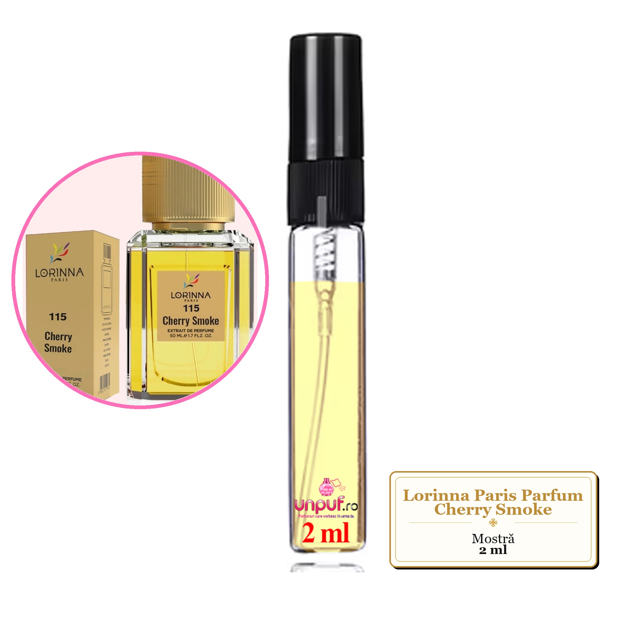 Mostra fiola din Parfumul Lorinna Paris Cherry Smoke, decant sticla cu pulverizator