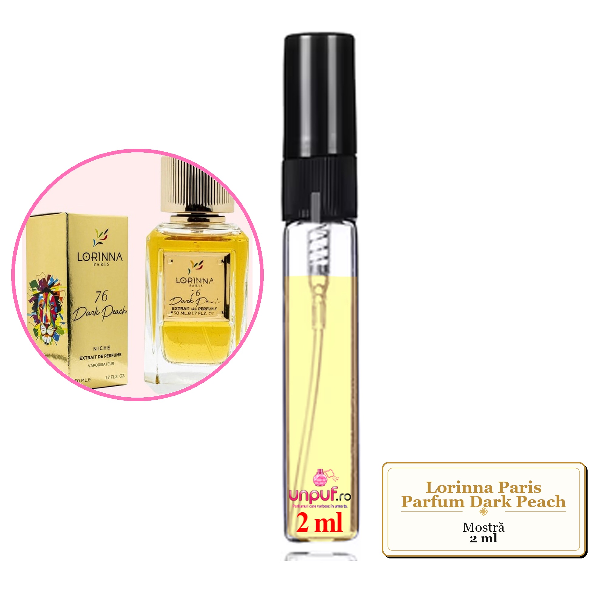 Mostra fiola din Parfumul Lorinna Paris Dark Peach, decant sticla cu pulverizator