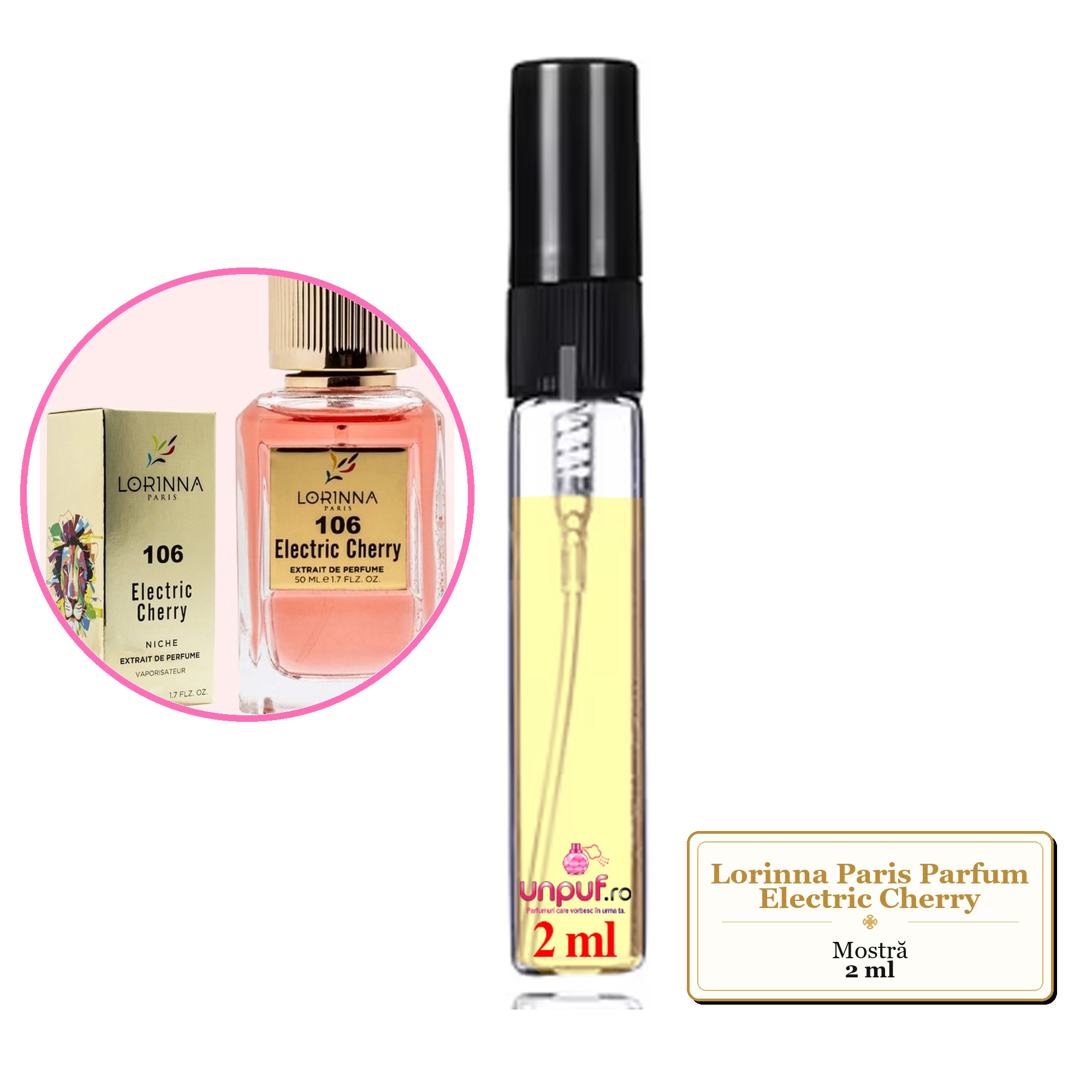 Mostra fiola din Parfumul Lorinna Paris Electric Cherry, decant sticla cu pulverizator