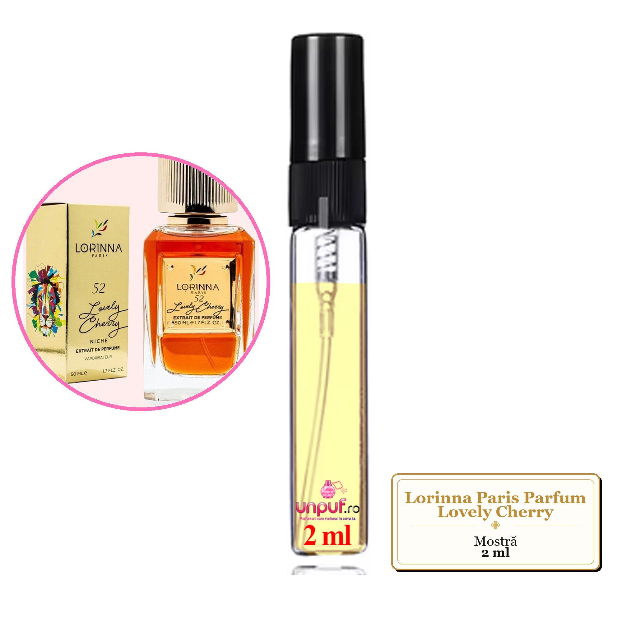Mostra fiola din Parfumul Lorinna Paris Lovely Cherry, decant sticla cu pulverizator