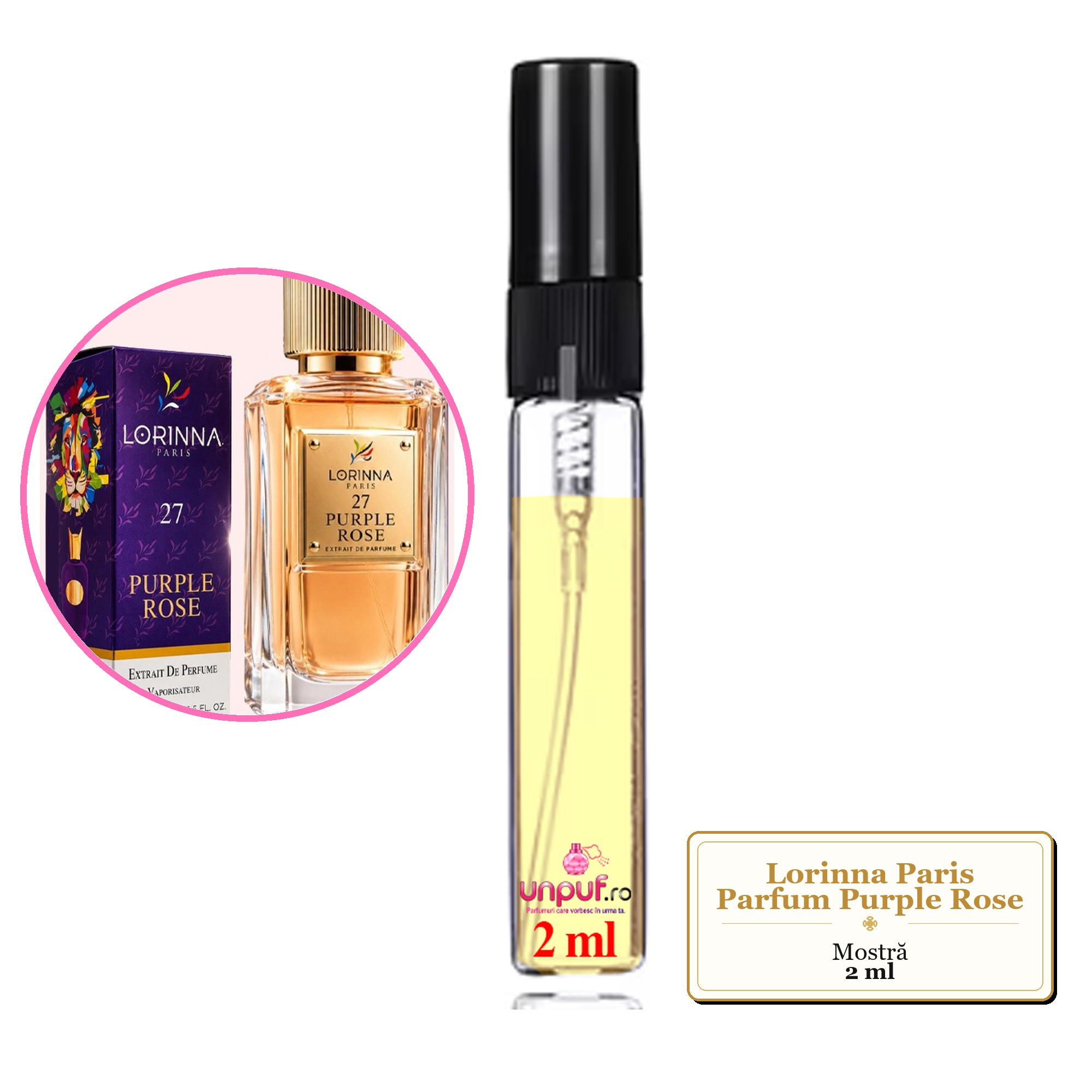 Mostra fiola din Parfumul Lorinna Paris Purple Rose, decant sticla cu pulverizator