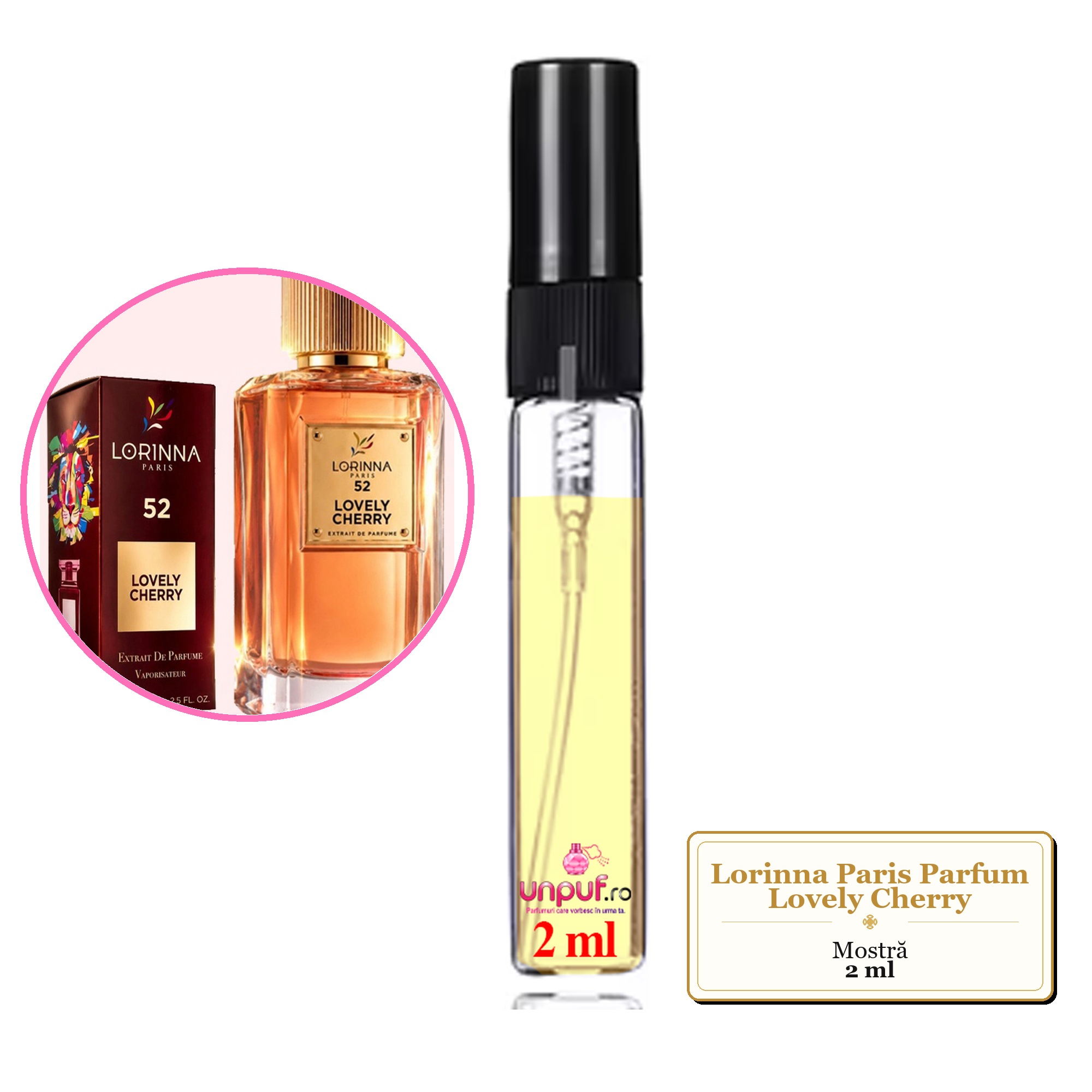 Mostra fiola din Parfumul Lorinna Paris Lovely Cherry, decant sticla cu pulverizator