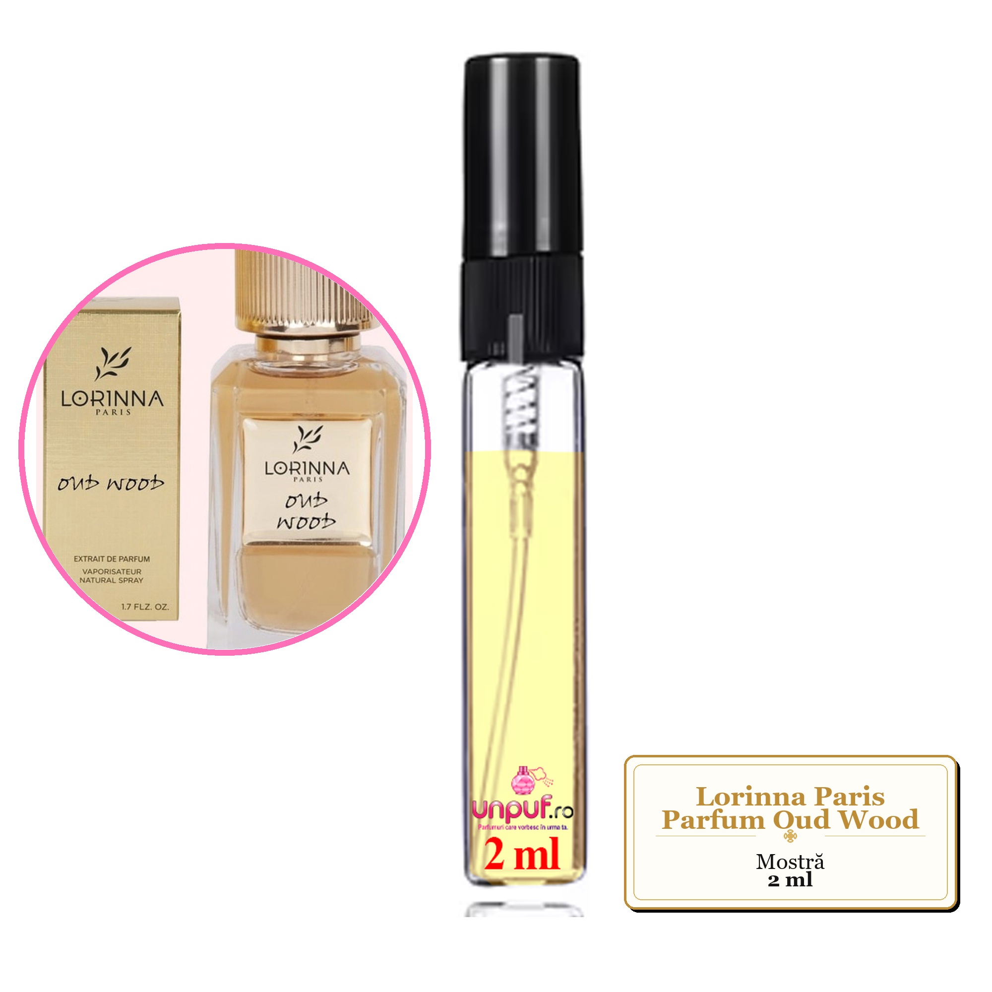 Mostra fiola din Parfumul Lorinna Paris Oud Wood, decant sticla cu pulverizator