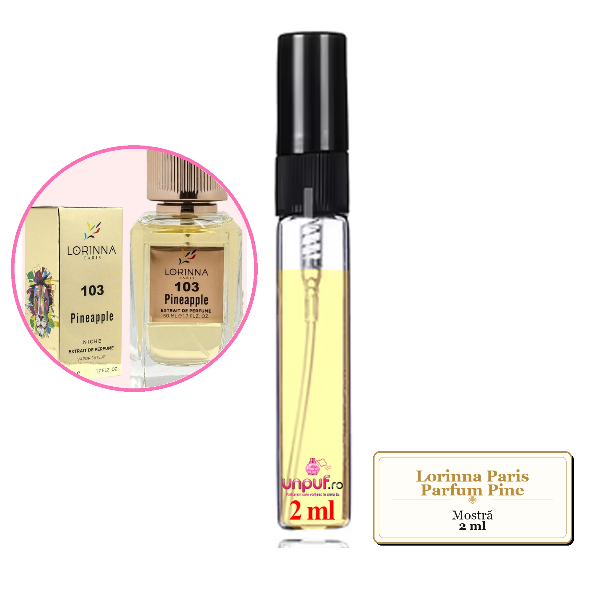 Mostra fiola din Parfumul Lorinna Paris Pine, decant sticla cu pulverizator