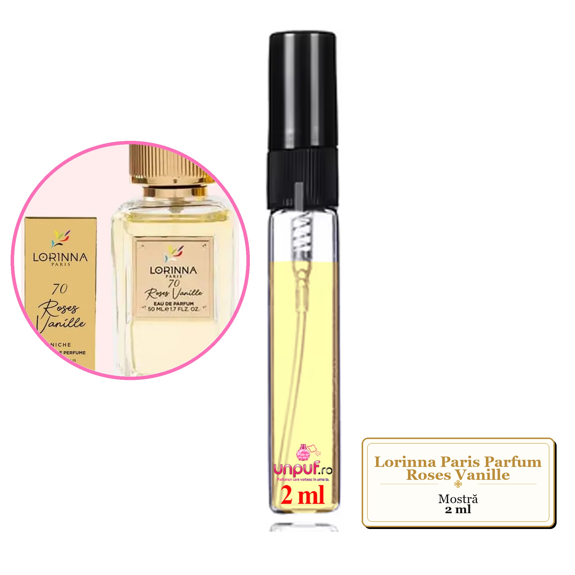 Mostra fiola din Parfumul Lorinna Paris Roses Vanille, decant sticla cu pulverizator