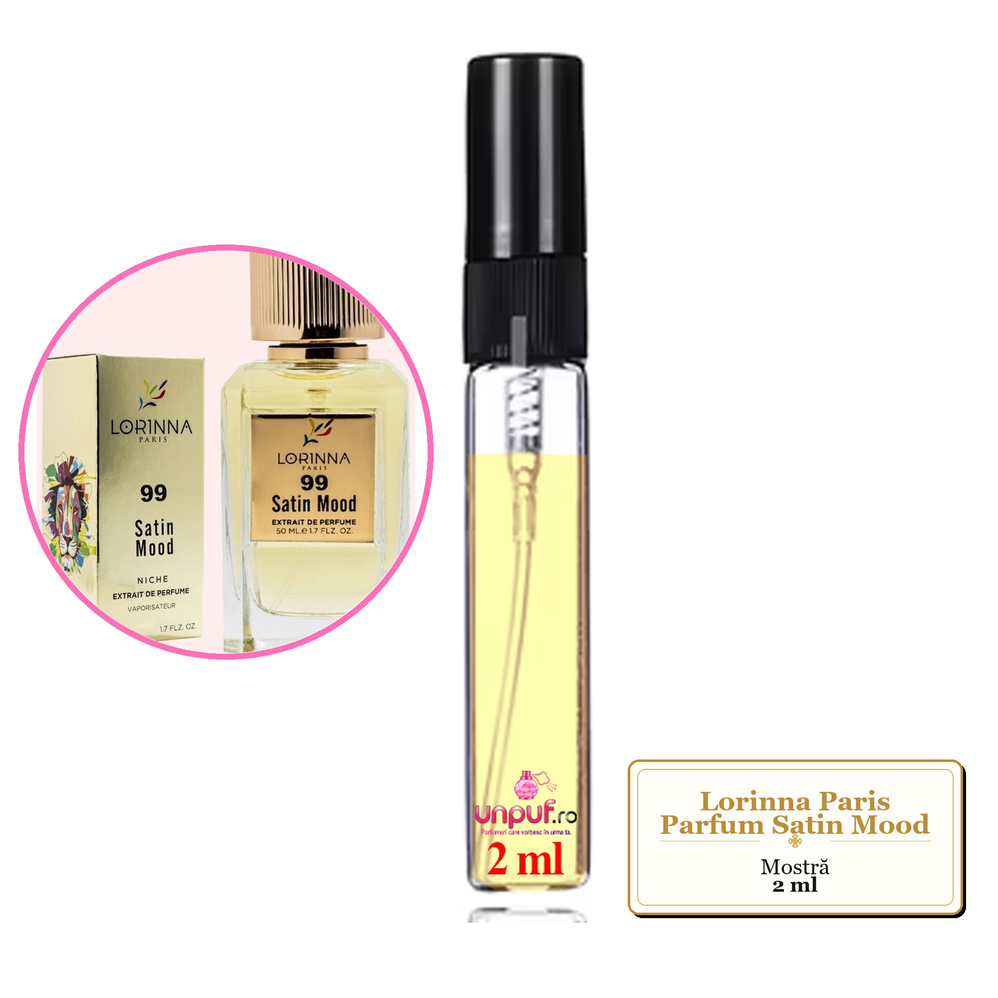 Mostra fiola din Parfumul Lorinna Paris Satin Mood, decant sticla cu pulverizator