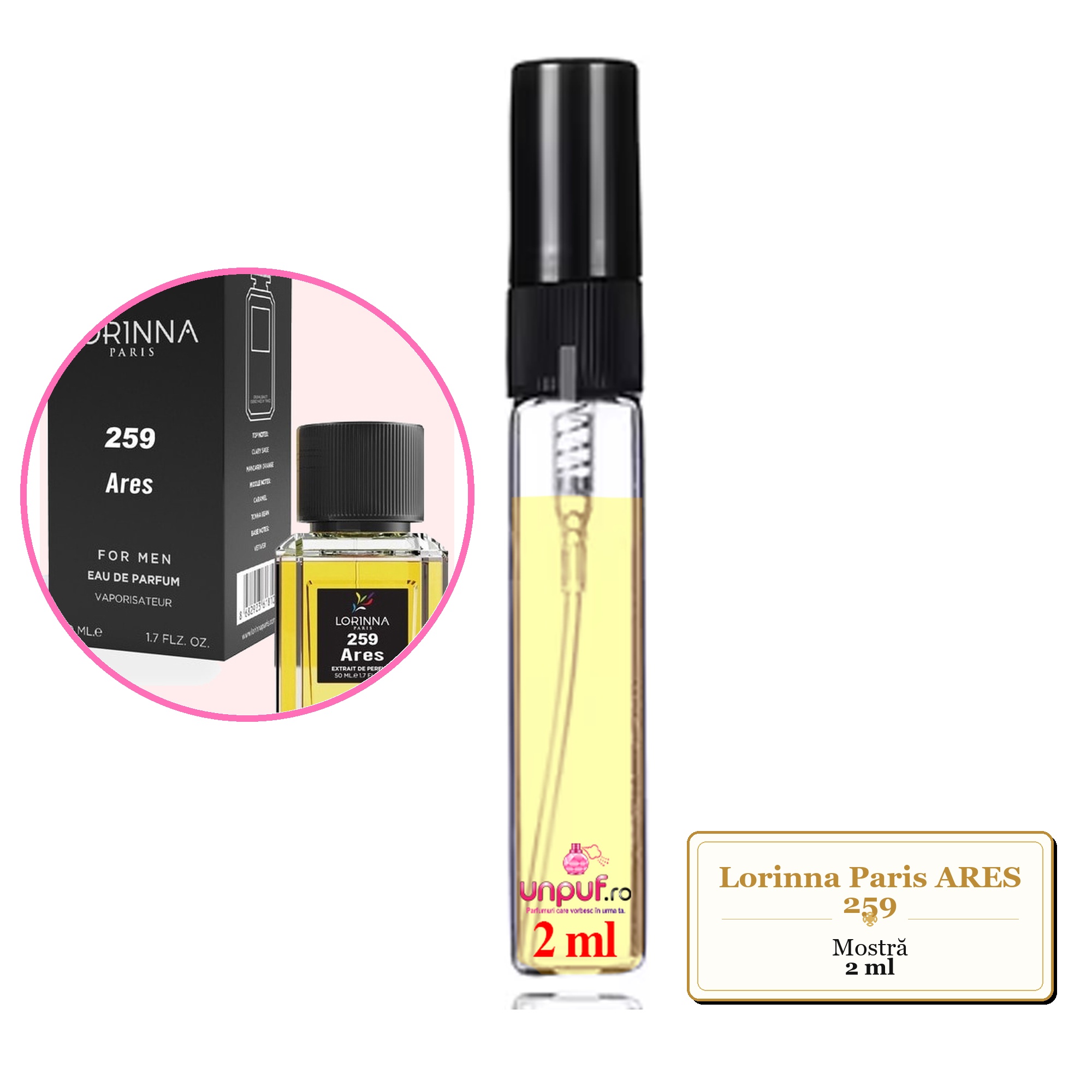 Mostra fiola din Parfumul Lorinna Paris ARES 259, decant sticla cu pulverizator