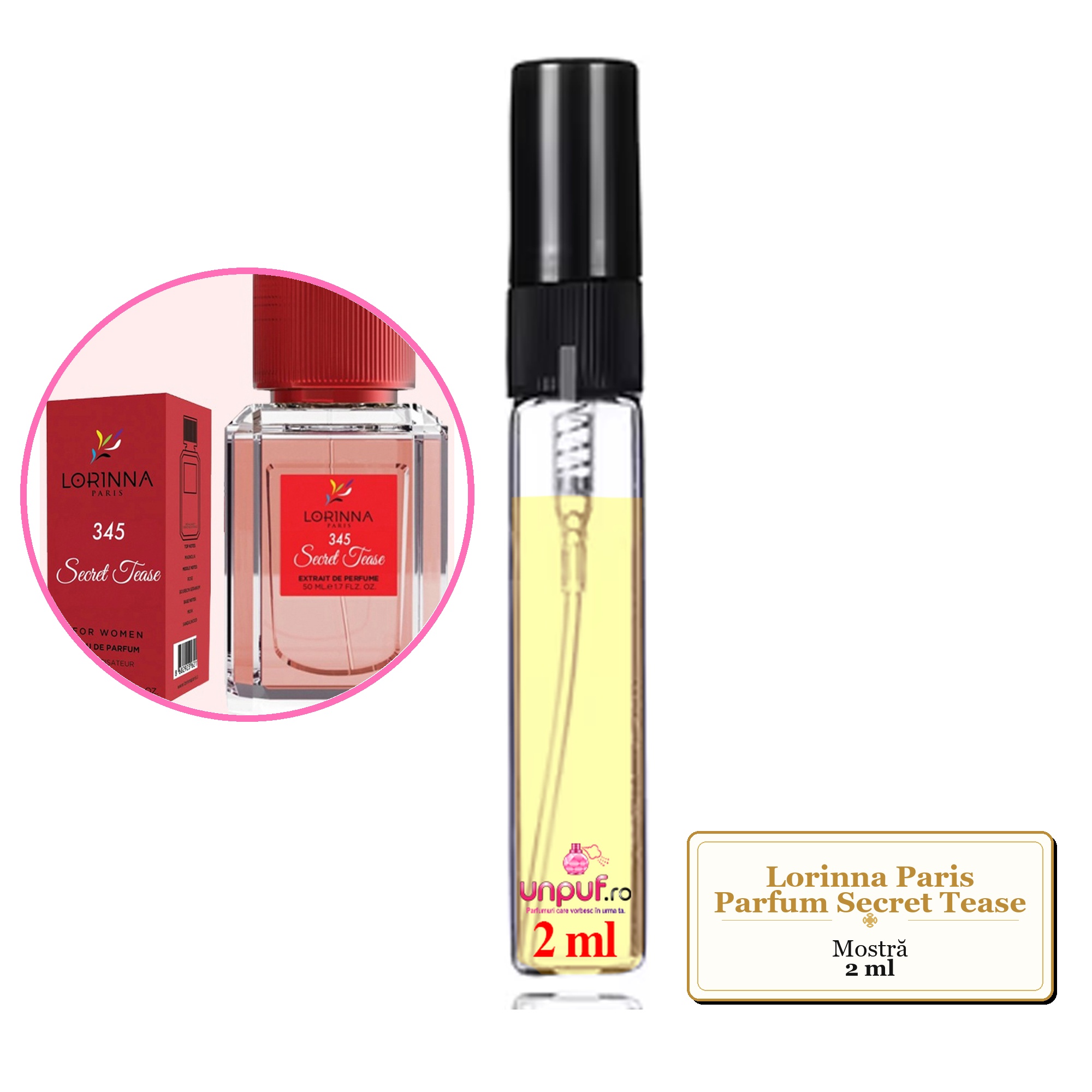 Mostra fiola din Parfumul Lorinna Paris Secret Tease, decant sticla cu pulverizator