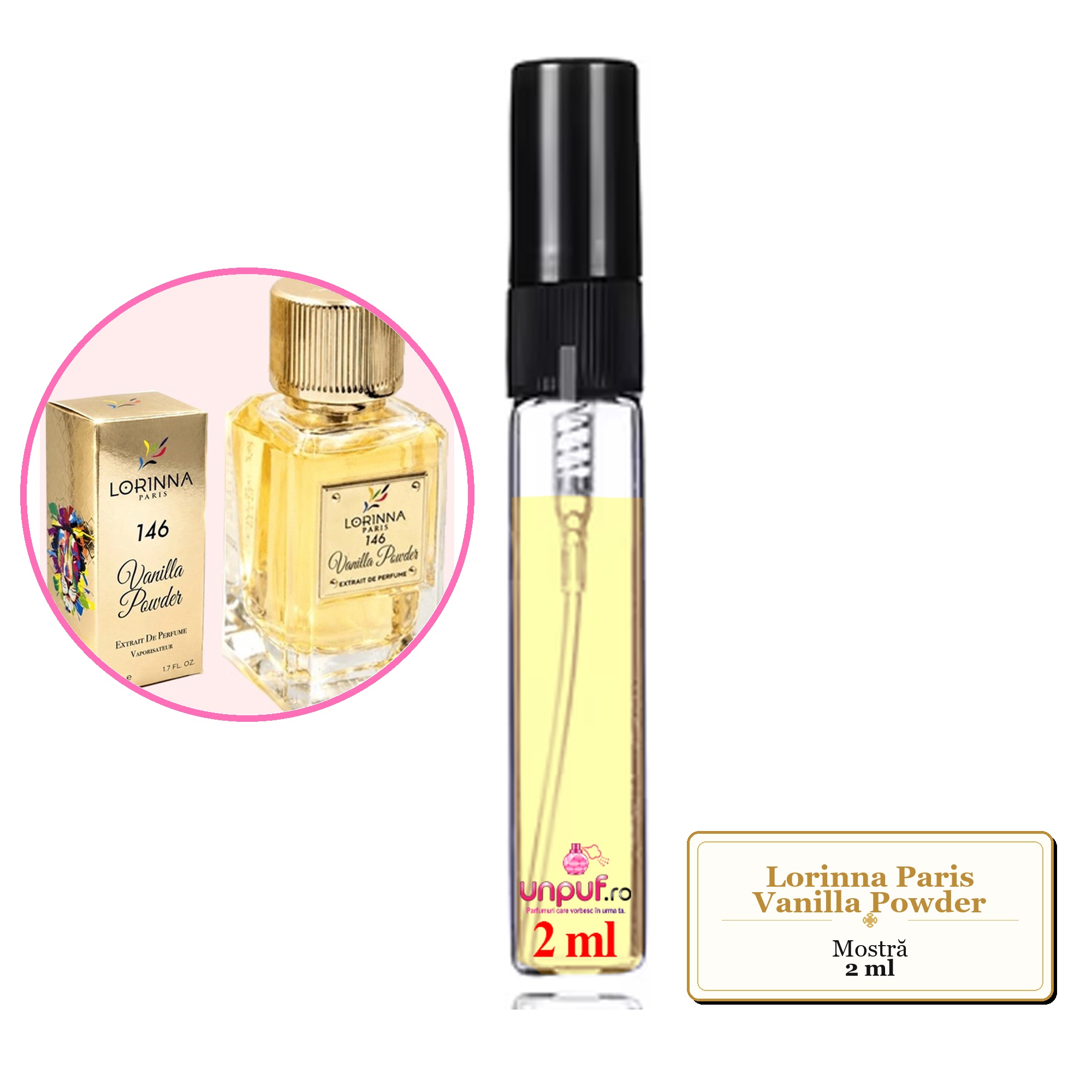 Mostra fiola din Parfumul Lorinna Paris Vanilla Powder, decant sticla cu pulverizator
