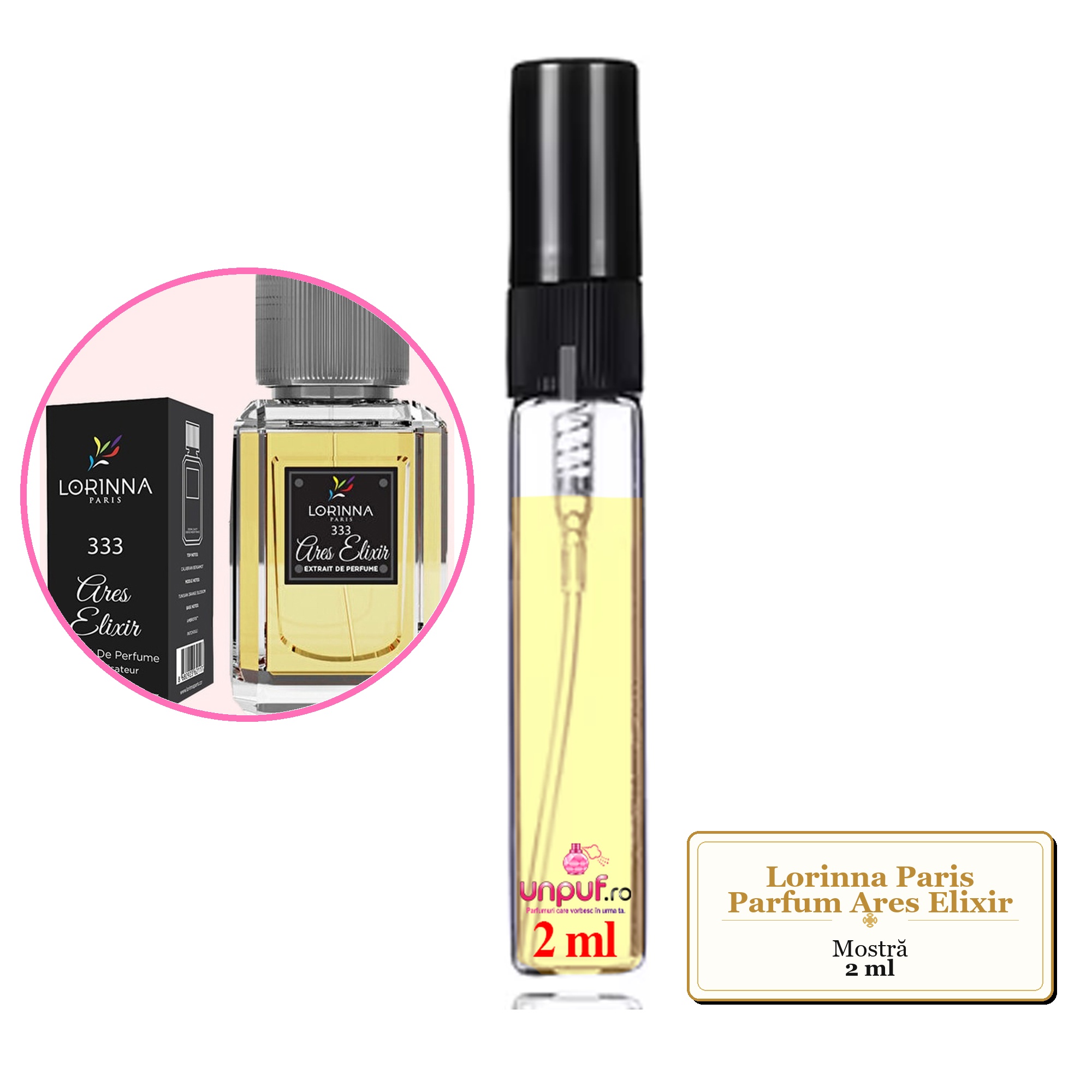 Mostra fiola din Parfumul Lorinna Paris Ares Elixir, decant sticla cu pulverizator