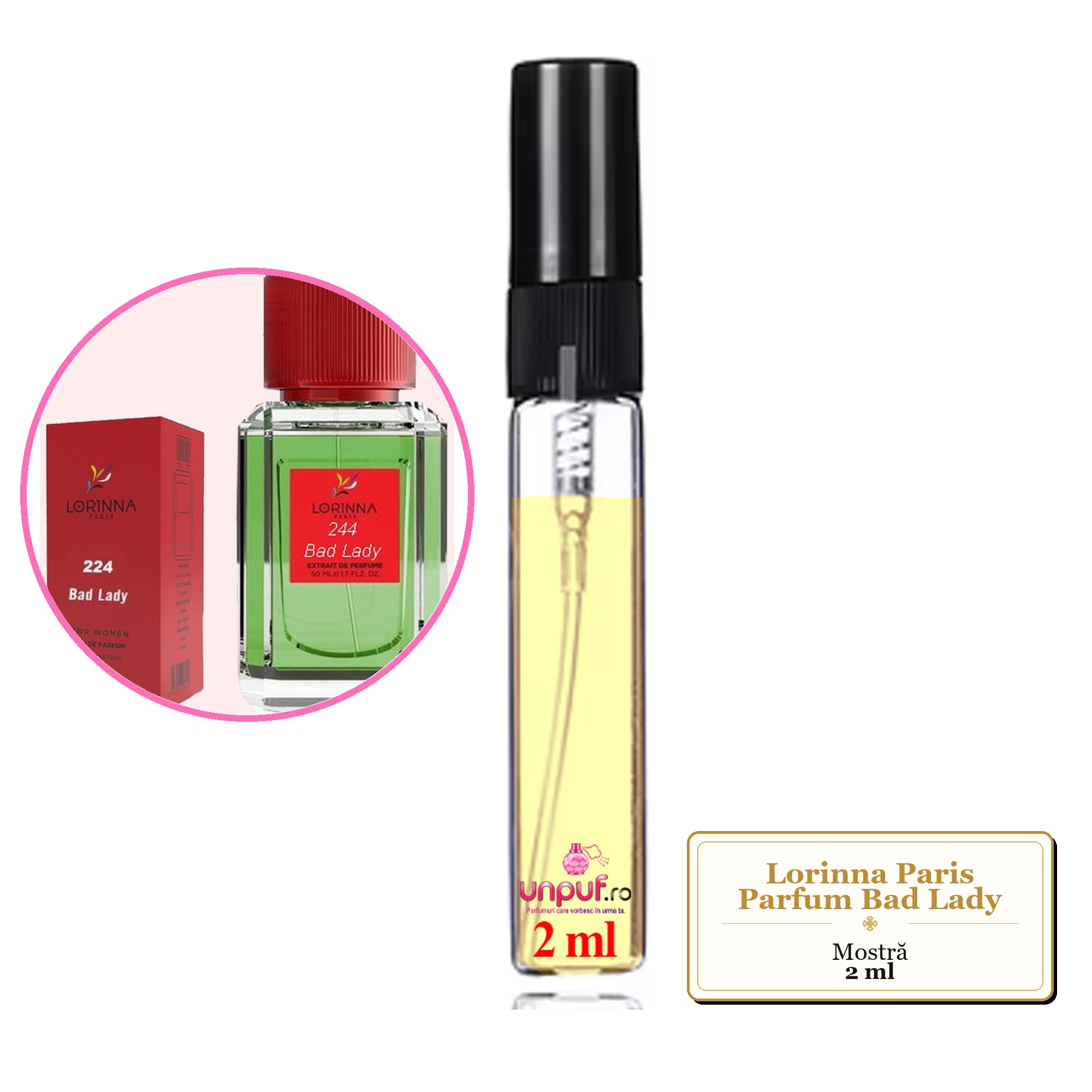 Mostra fiola din Parfumul Lorinna Paris Bad Lady, decant sticla cu pulverizator