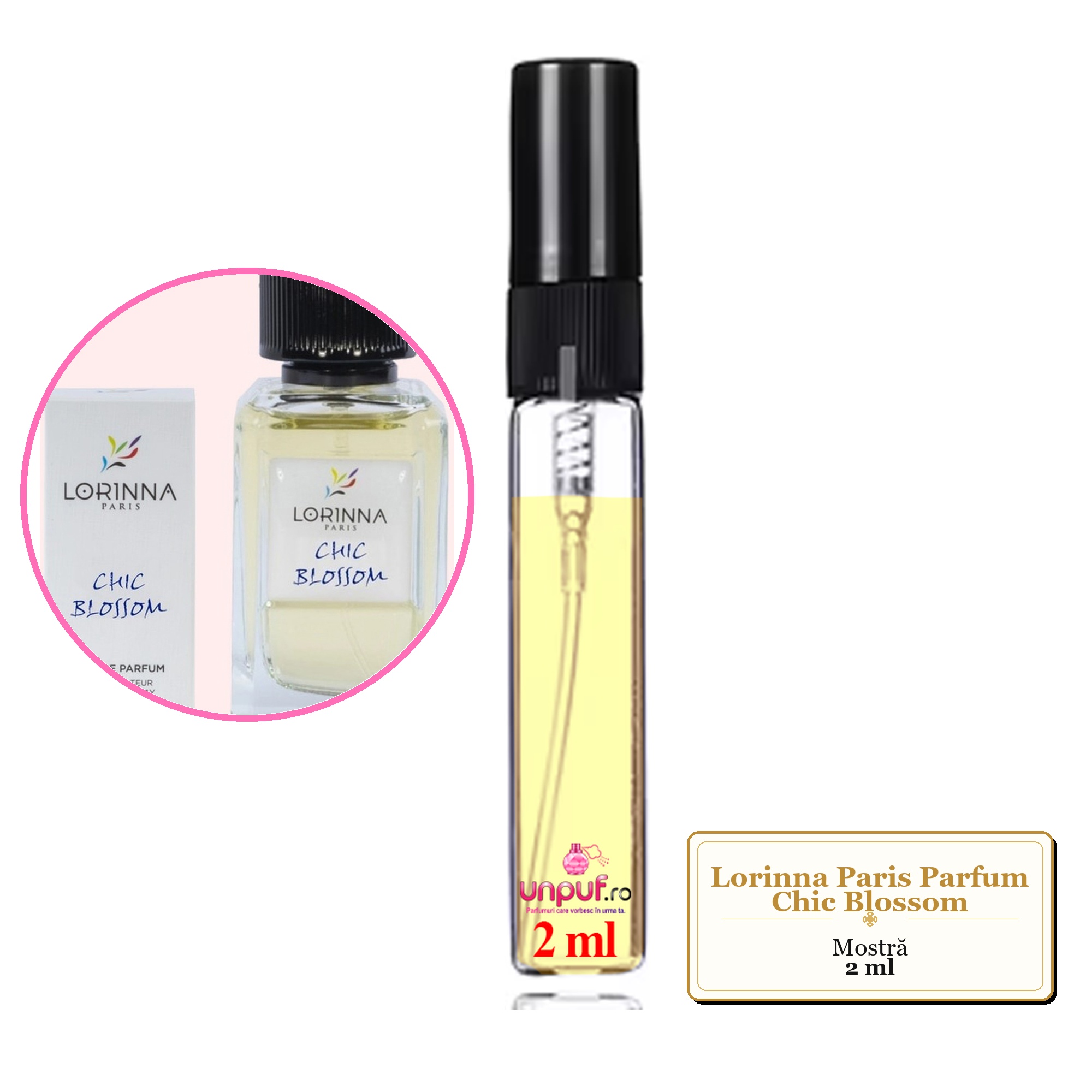 Mostra fiola din Parfumul Lorinna Paris Chic Blossom, decant sticla cu pulverizator