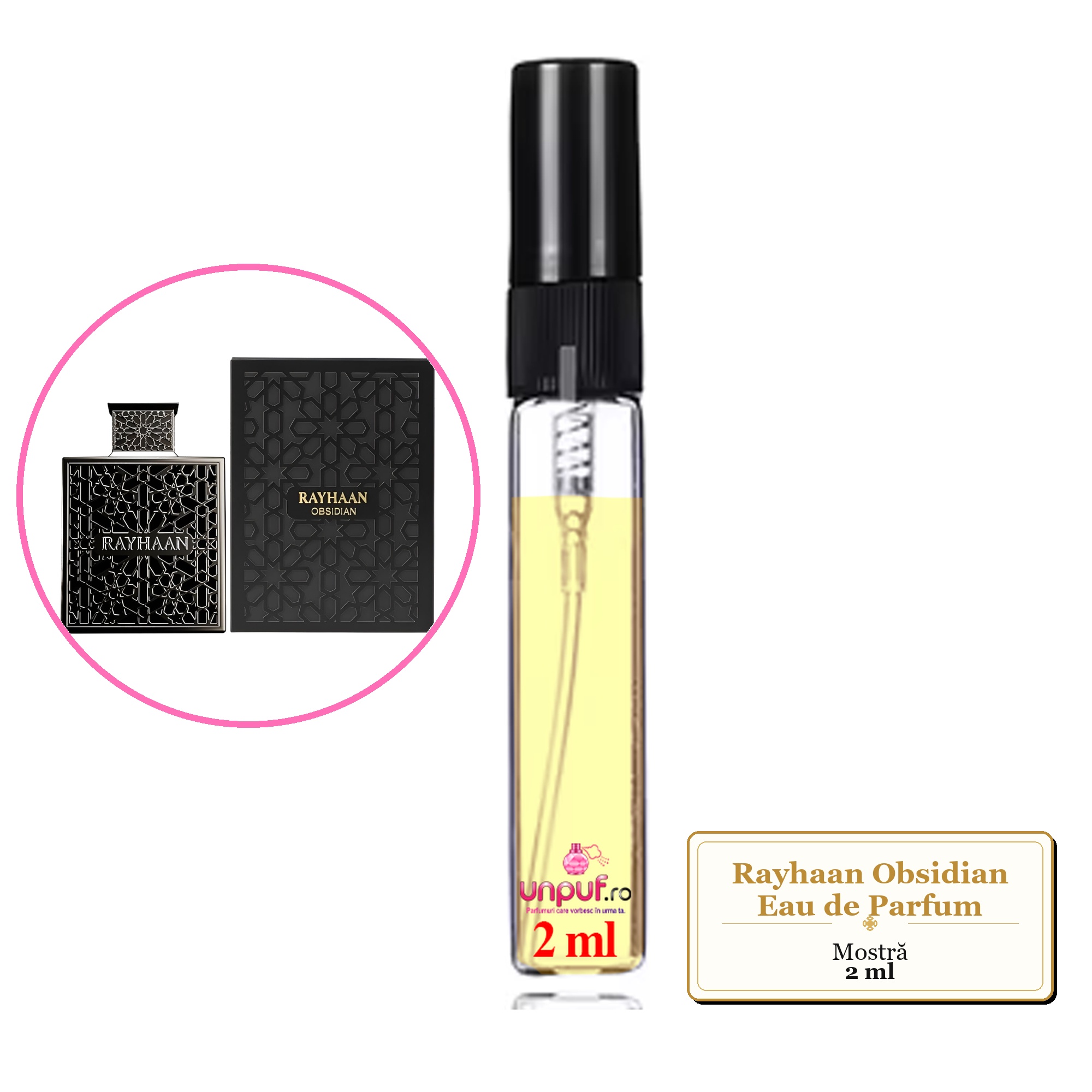 Mostra fiola din Parfumul Rayhaan Obsidian Eau de Parfum, decant sticla cu pulverizator