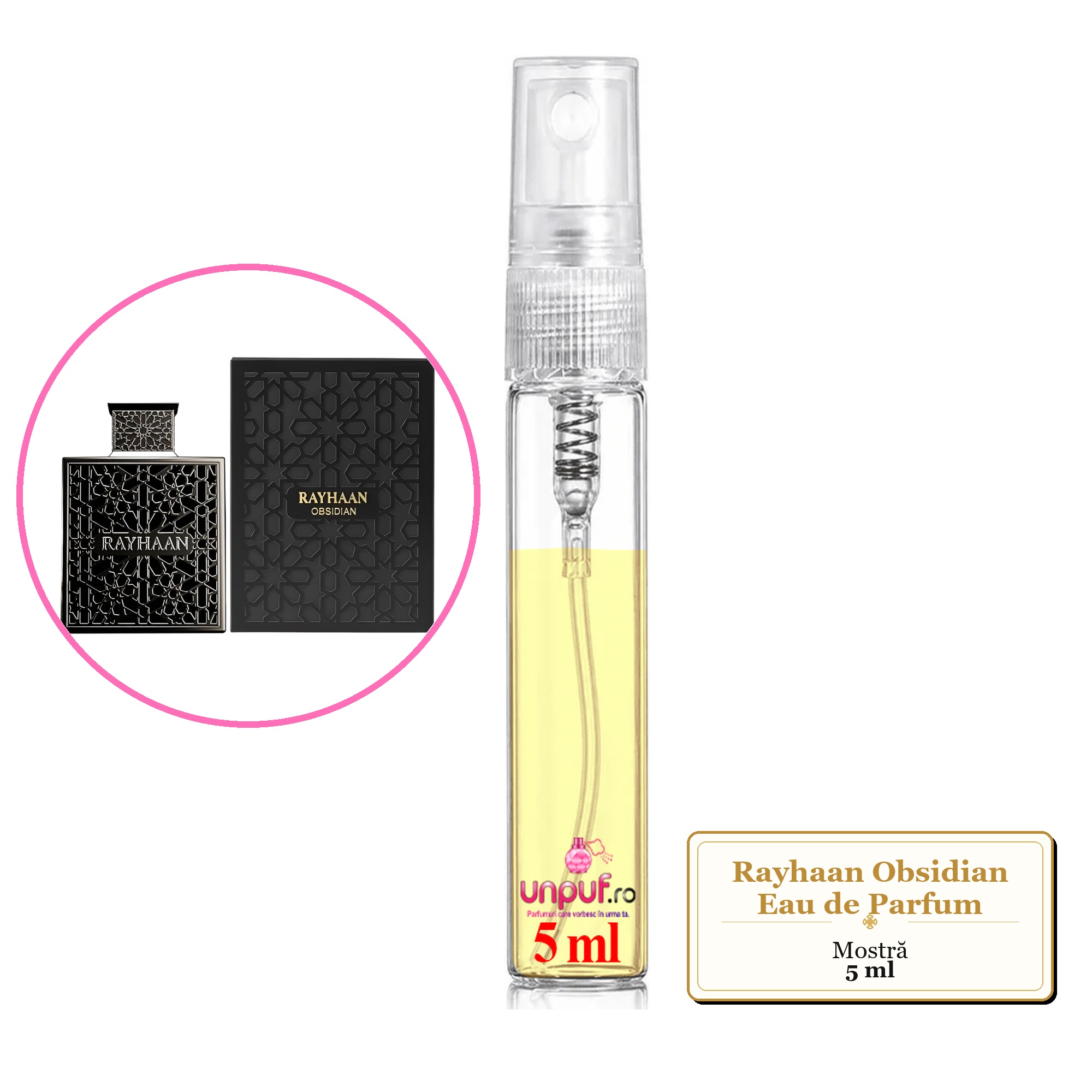Mostra fiola din Parfumul Rayhaan Obsidian Eau de Parfum, decant sticla cu pulverizator