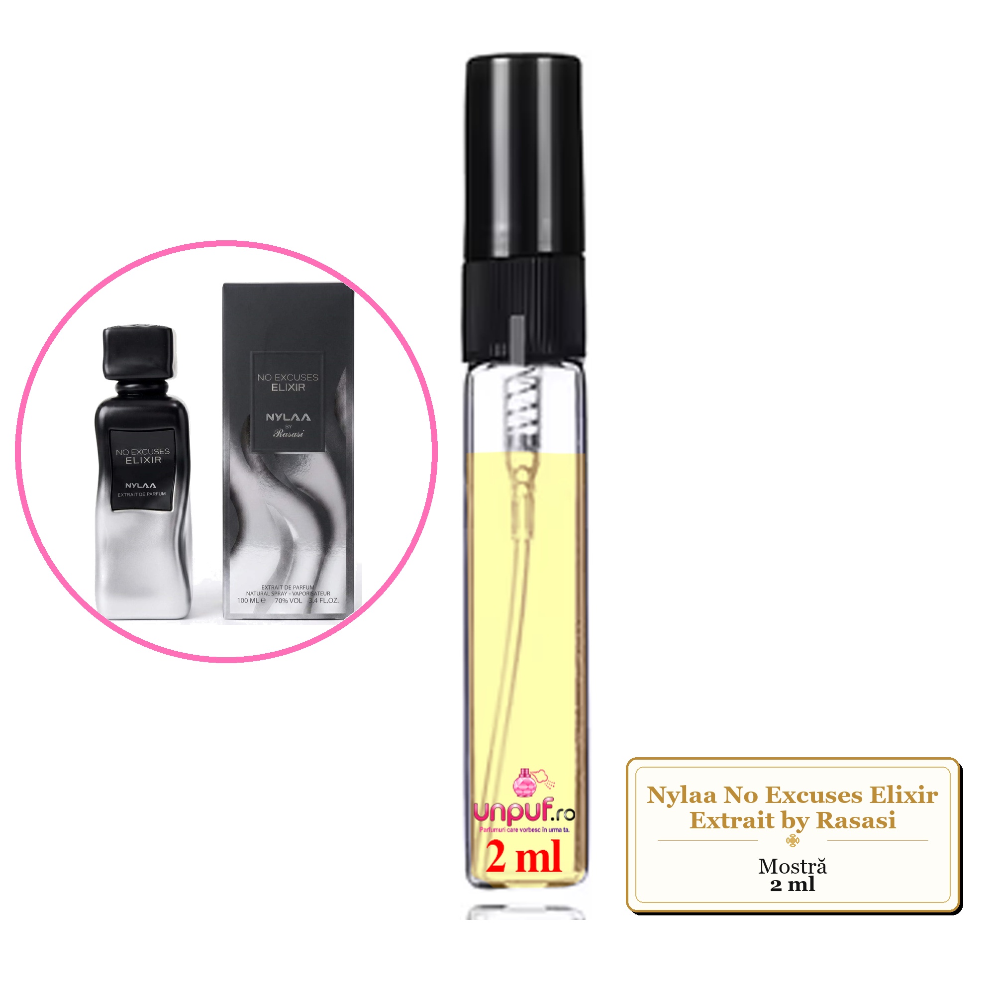 Mostra fiola din Parfumul Nylaa No Excuses Elixir Extrait by Rasasi, decant sticla cu pulverizator