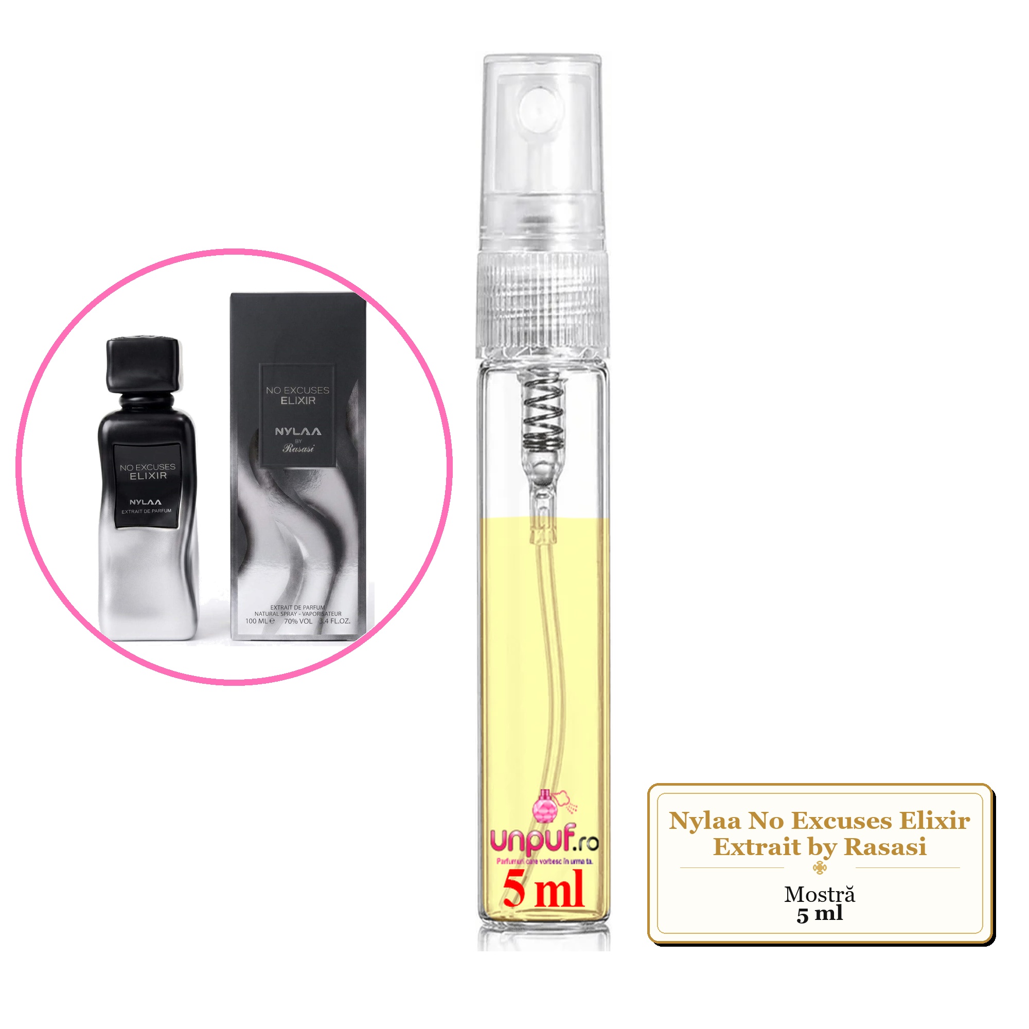 Mostra fiola din Parfumul Nylaa No Excuses Elixir Extrait by Rasasi, decant sticla cu pulverizator