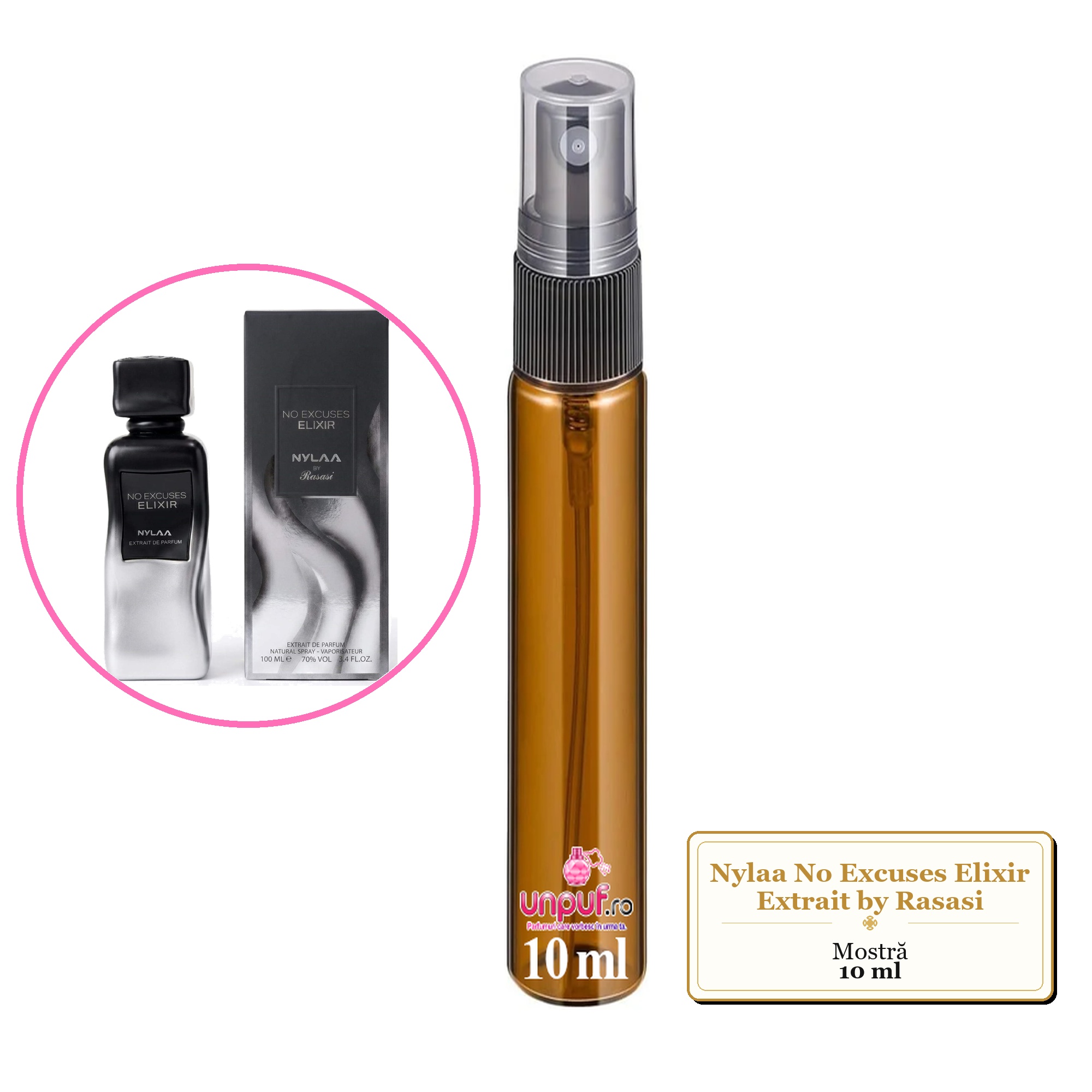 Mostra fiola din Parfumul Nylaa No Excuses Elixir Extrait by Rasasi, decant sticla cu pulverizator