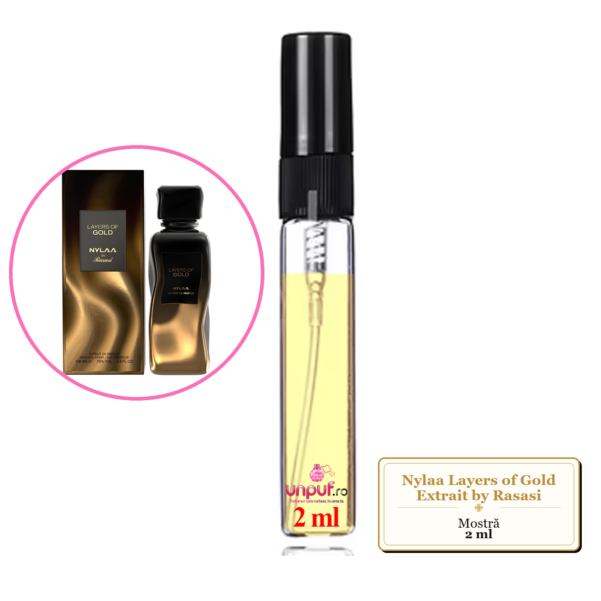 Mostra fiola din Parfumul Nylaa Layers of Gold Extrait by Rasasi, decant sticla cu pulverizator