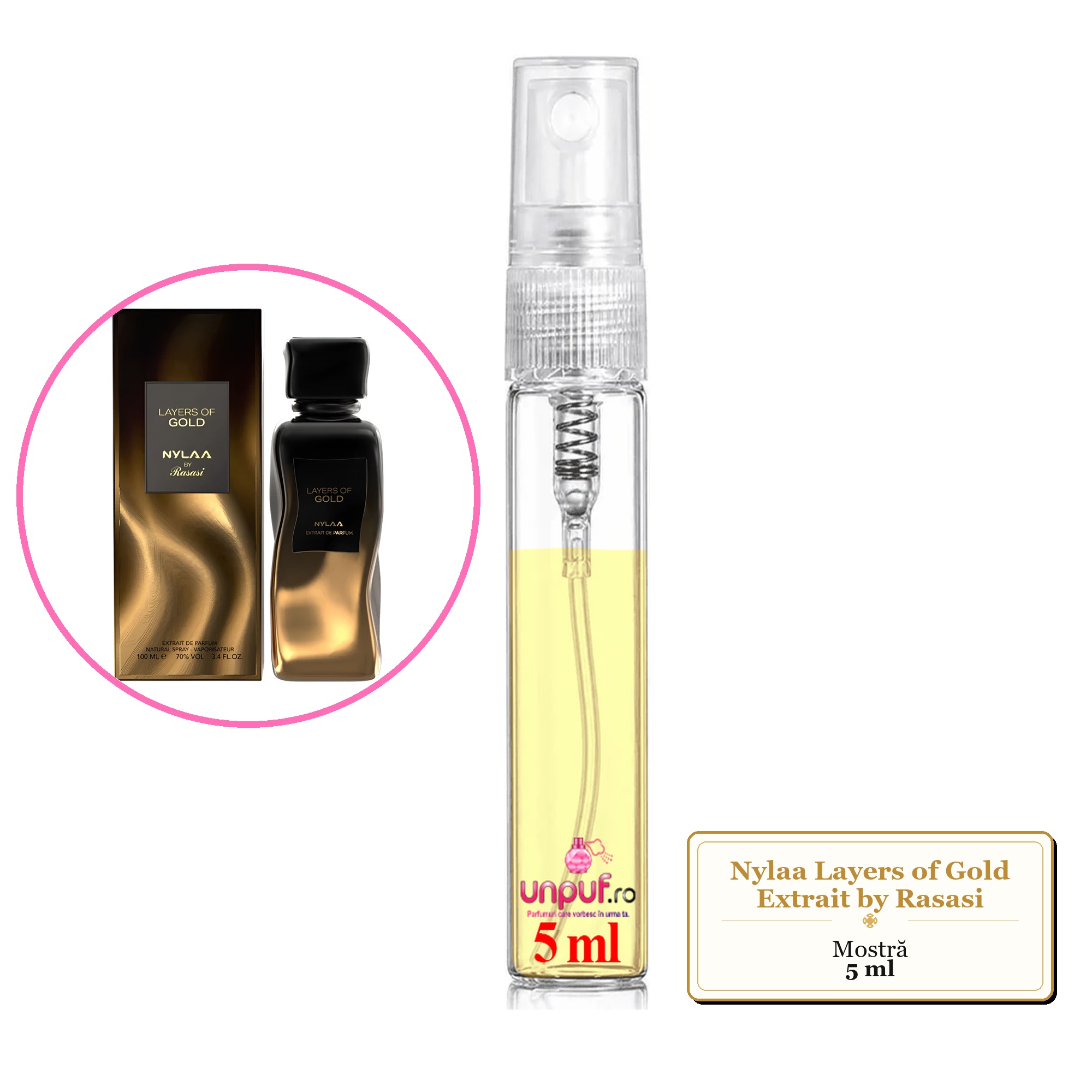 Mostra fiola din Parfumul Nylaa Layers of Gold Extrait by Rasasi, decant sticla cu pulverizator