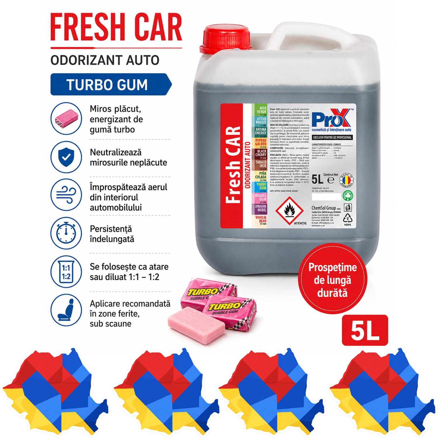 Odorizant auto PRO X Fresh CAR Turbo Gum, aromă energizantă de gumă Turbo, împrospătare aer și parfum de durată, 5 L, 4x Stickere