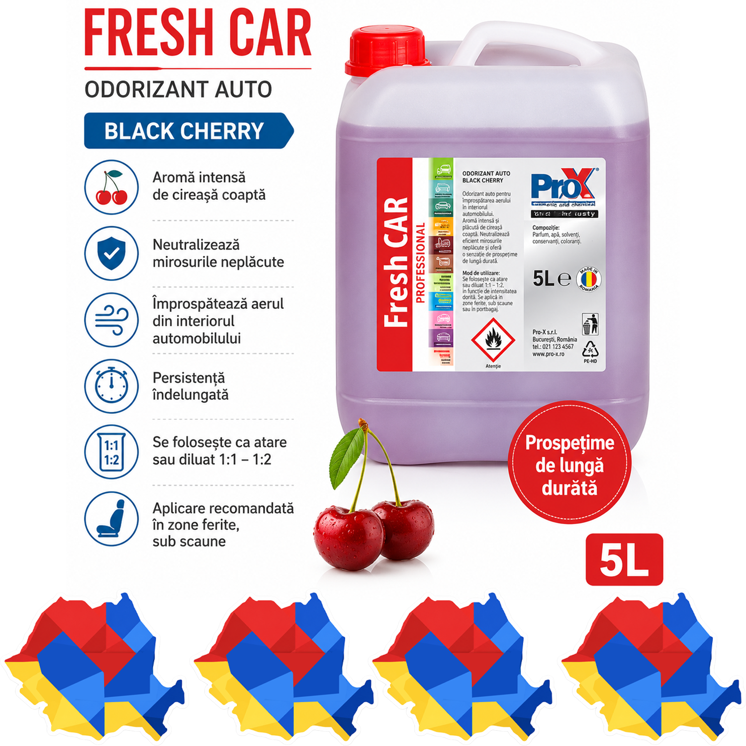 Odorizant auto PRO X Fresh CAR Black Cherry, aromă intensă de cireașă coaptă, neutralizare mirosuri neplăcute, parfum persistent pentru interior auto, 5 L, 4x Stickere