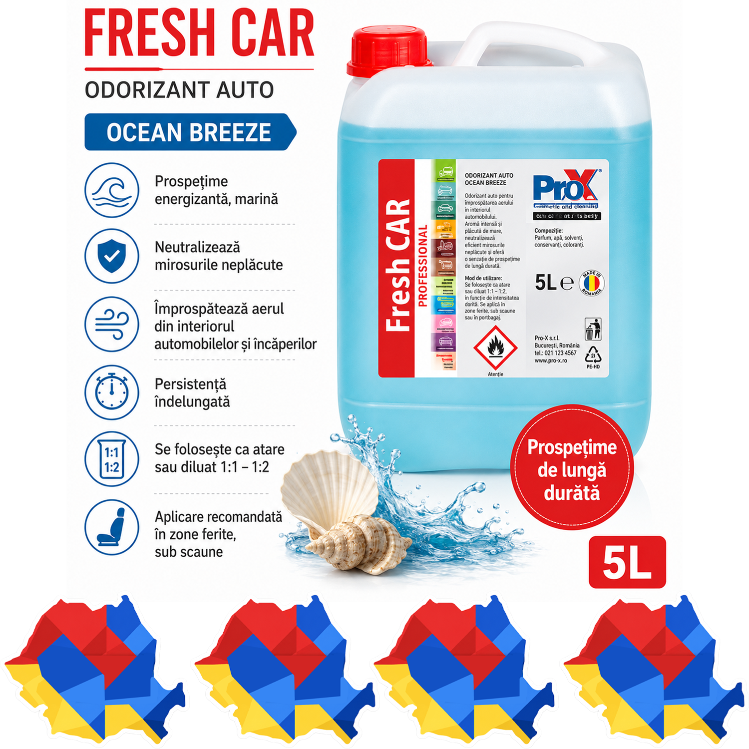 Odorizant auto PRO X Fresh CAR Ocean Breeze, aromă fresh marină, prospețime intensă, neutralizare mirosuri, parfum persistent pentru interior auto și încăperi, 5 L, 4x Stickere