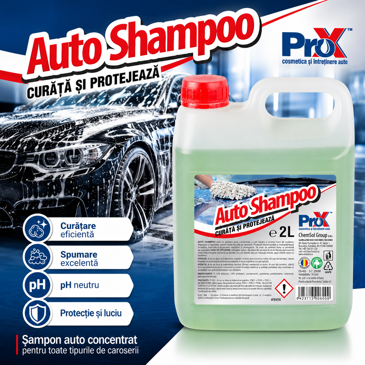 Șampon auto PRO X cu spumare intensă și curățare eficientă