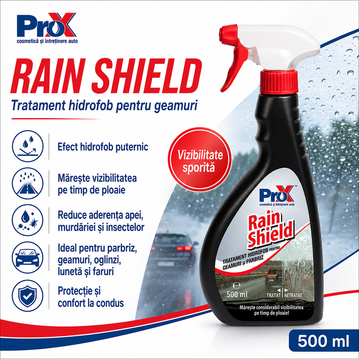 Tratament hidrofob Rain Shield pentru geamuri laterale oglinzi lunetă și faruri
