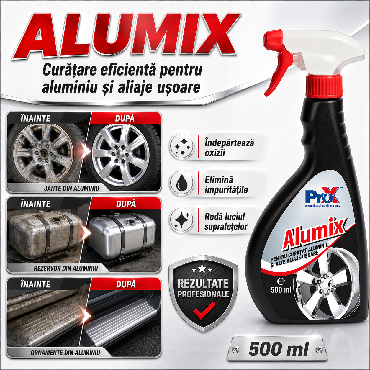 Beneficii PRO X Alumix curățare oxizi aluminiu și praf de fr&acirc;nă
