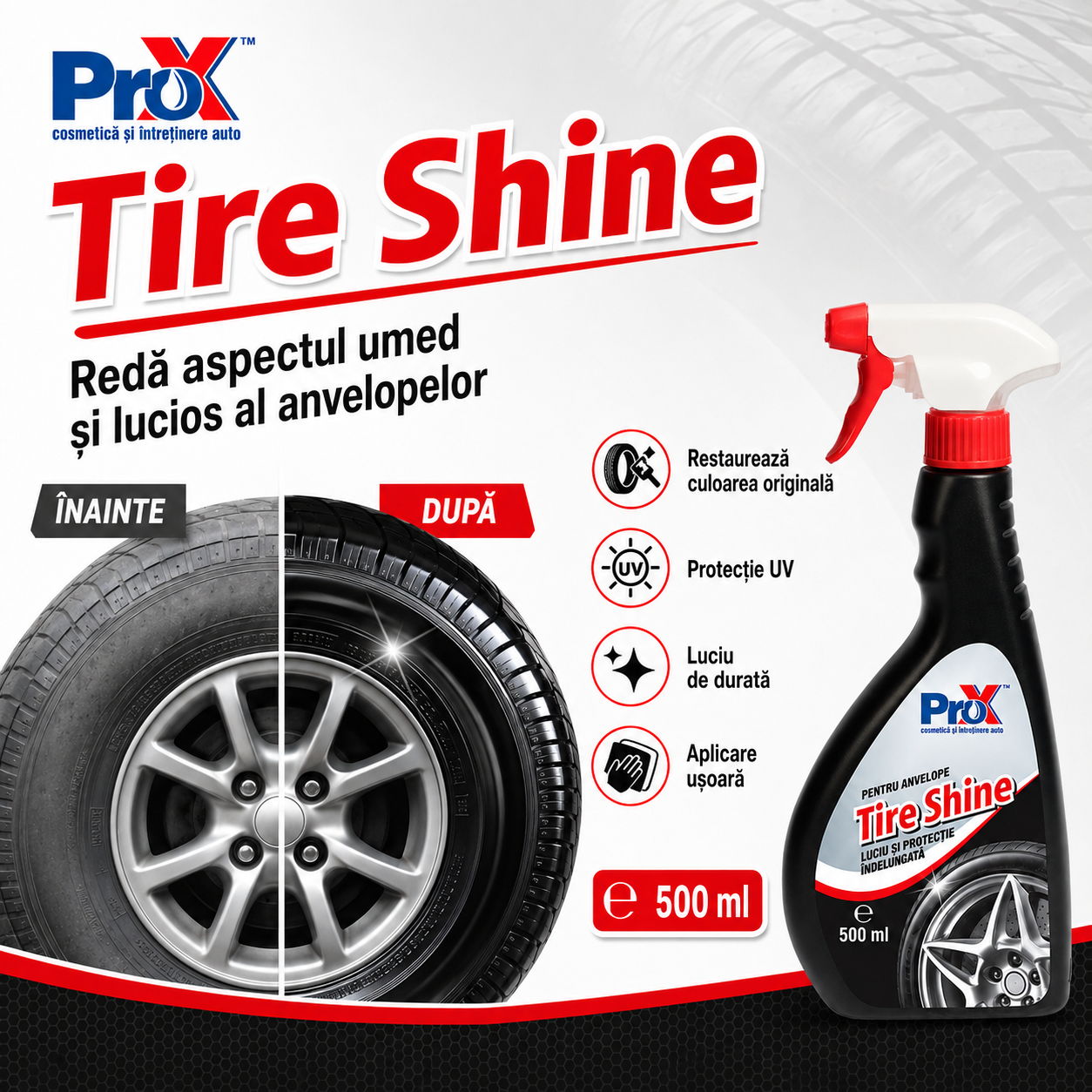 Beneficii PRO X Tire Shine protecție UV luciu anvelope