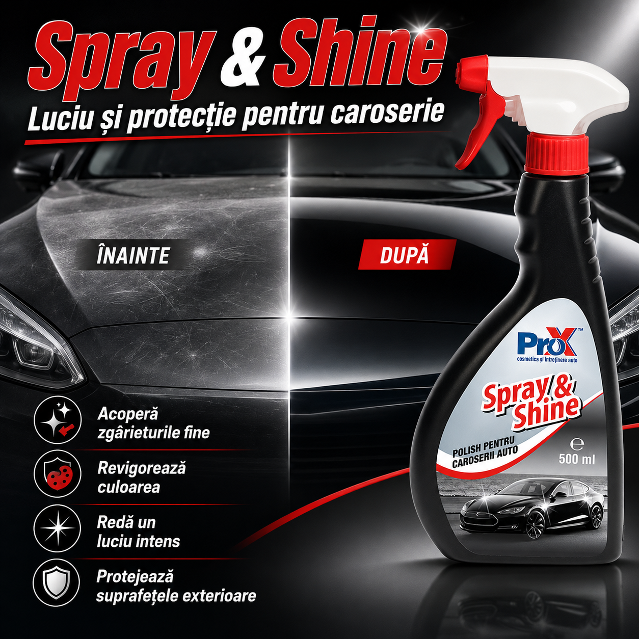 Beneficii PRO X Spray & Shine luciu culoare protecție zgârieturi fine