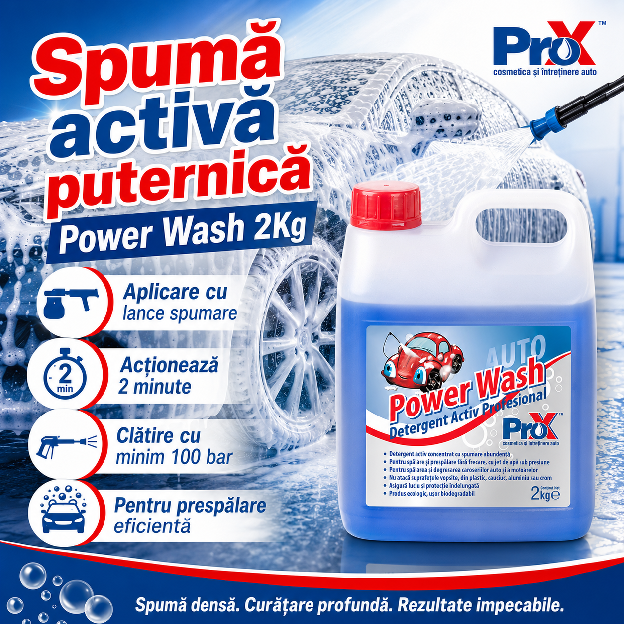 Beneficii PRO X Power Wash 2 kg curățare luciu protecție caroserie