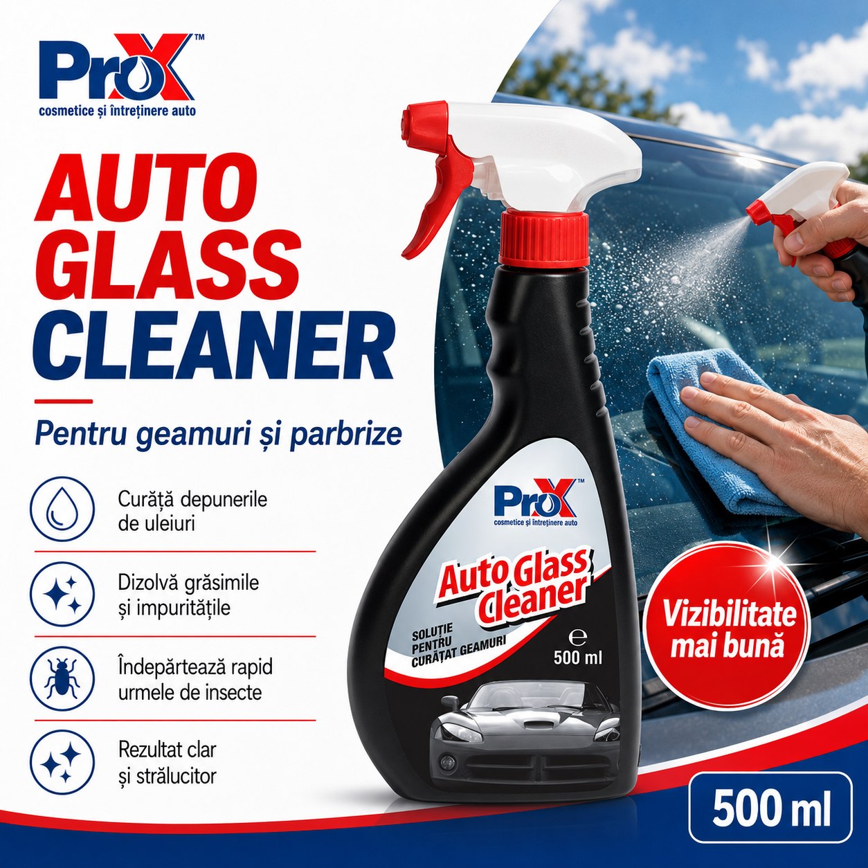 Beneficii PRO X Auto Glass Cleaner curățare degresare geamuri auto