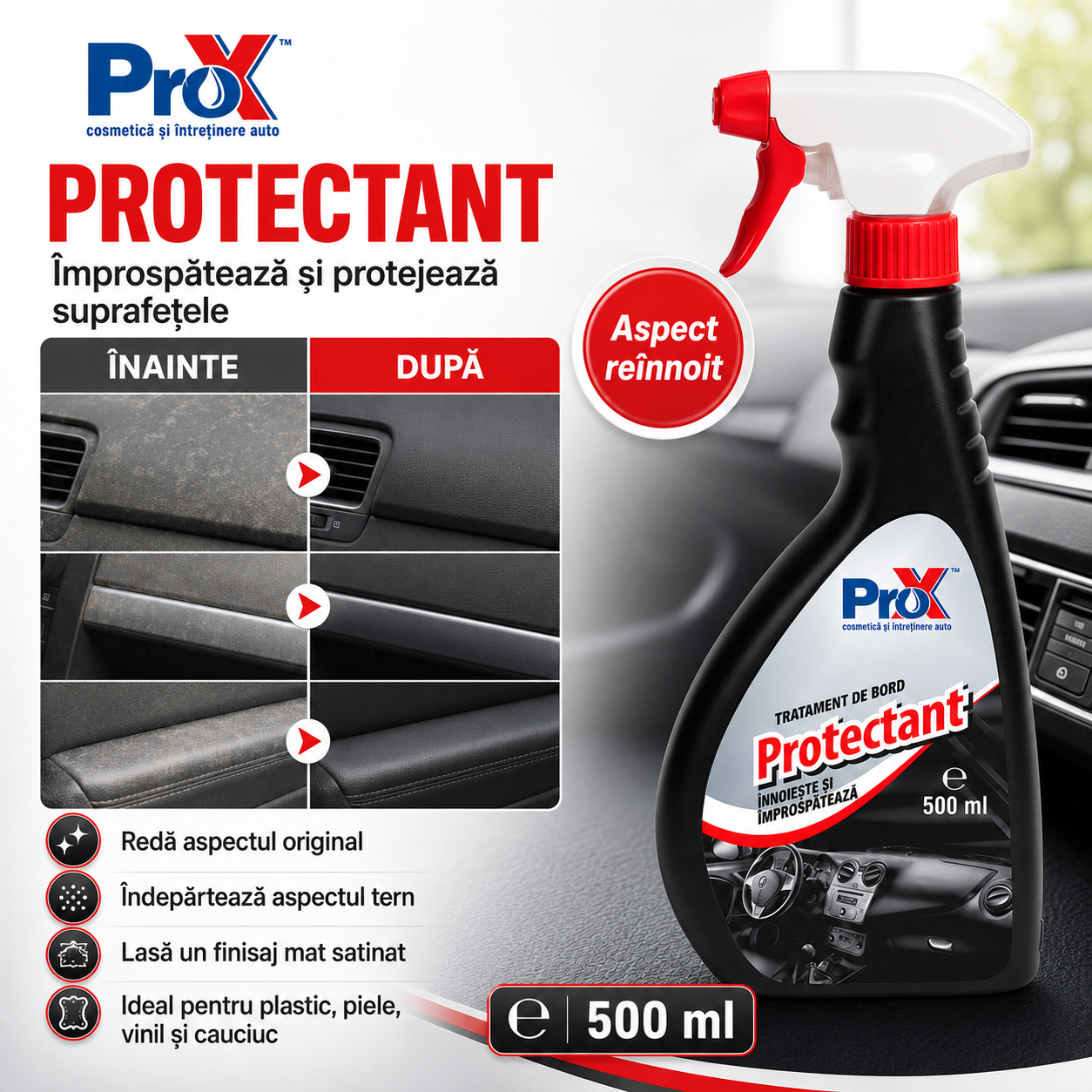 Beneficii PRO X Protectant efect antistatic aspect mat satinat protecție auto
