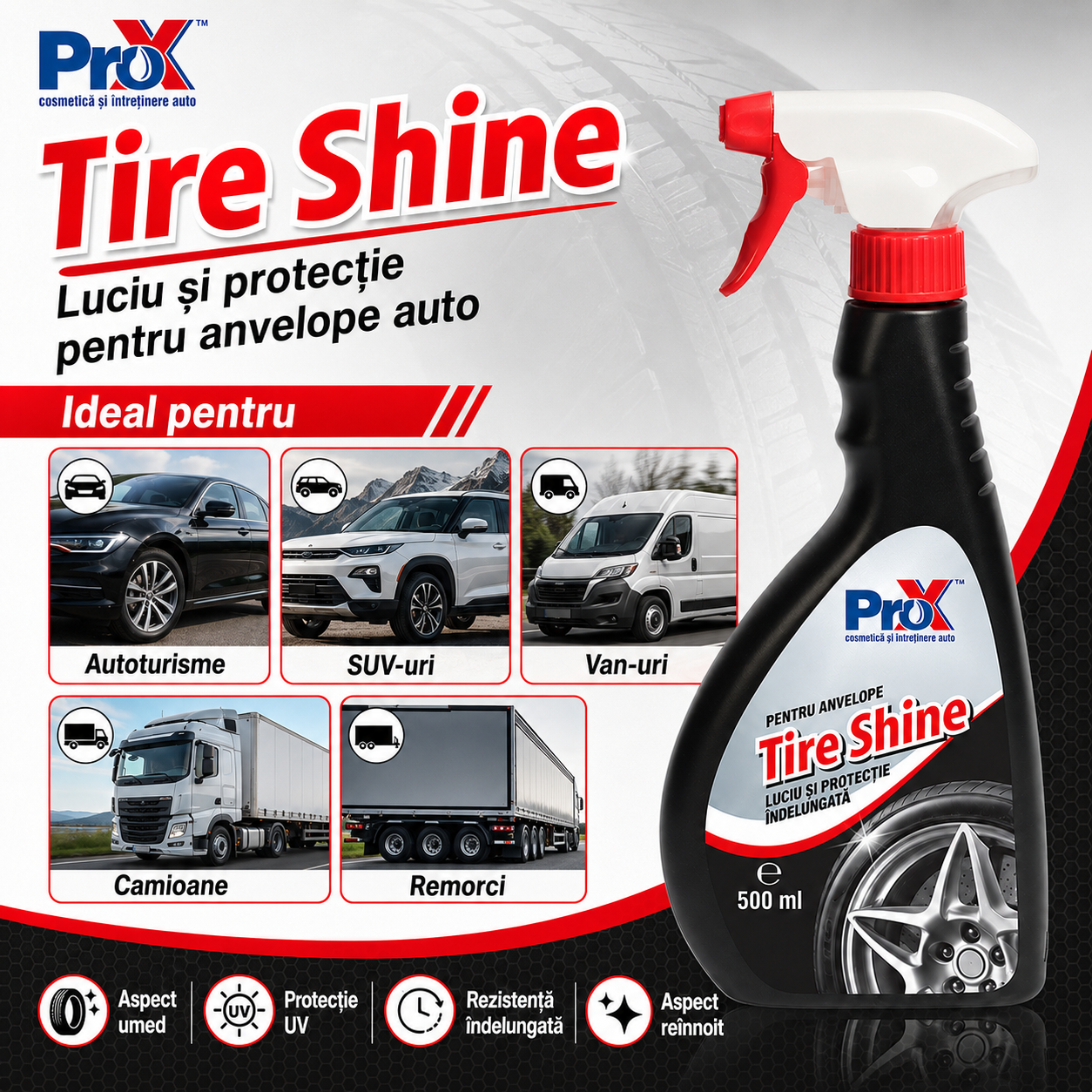 PRO X Tire Shine pentru &icirc;ntreținere și detailing anvelope auto
