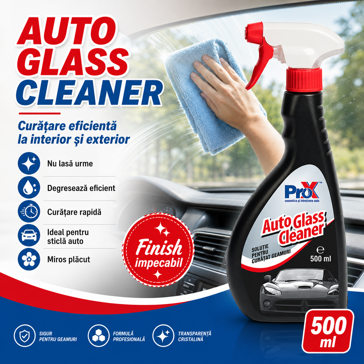 PRO X Auto Glass Cleaner pentru parbriz lunetă geamuri și oglinzi