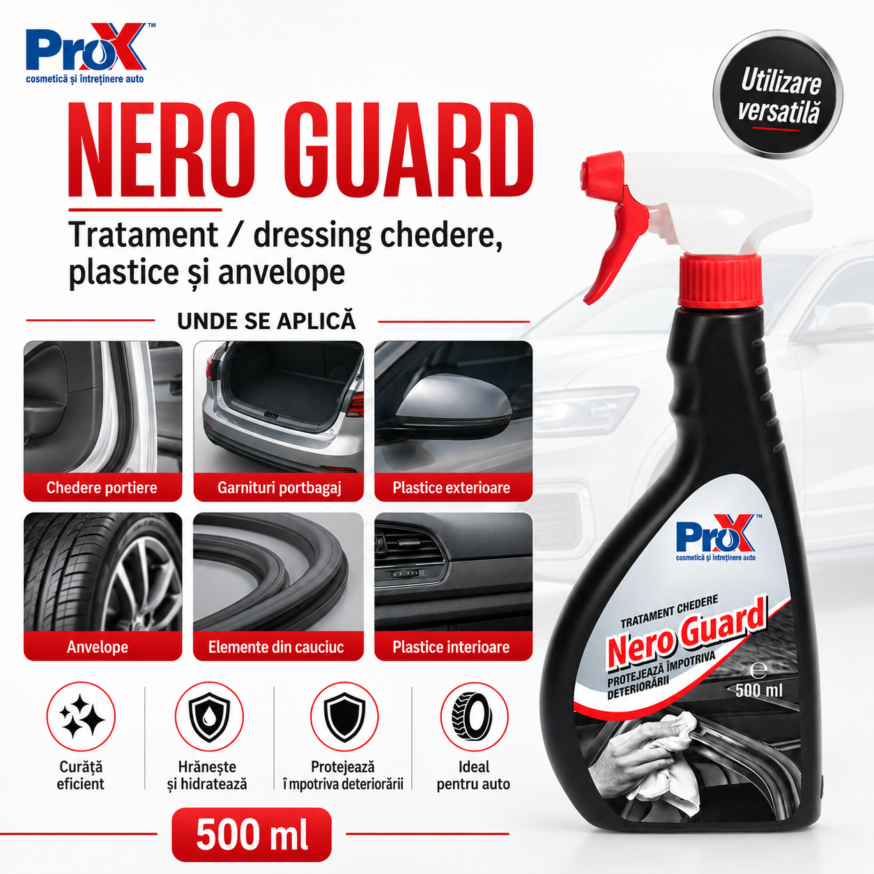 Instrucțiuni utilizare PRO X Nero Guard aplicare cu lavetă burete sau aplicator