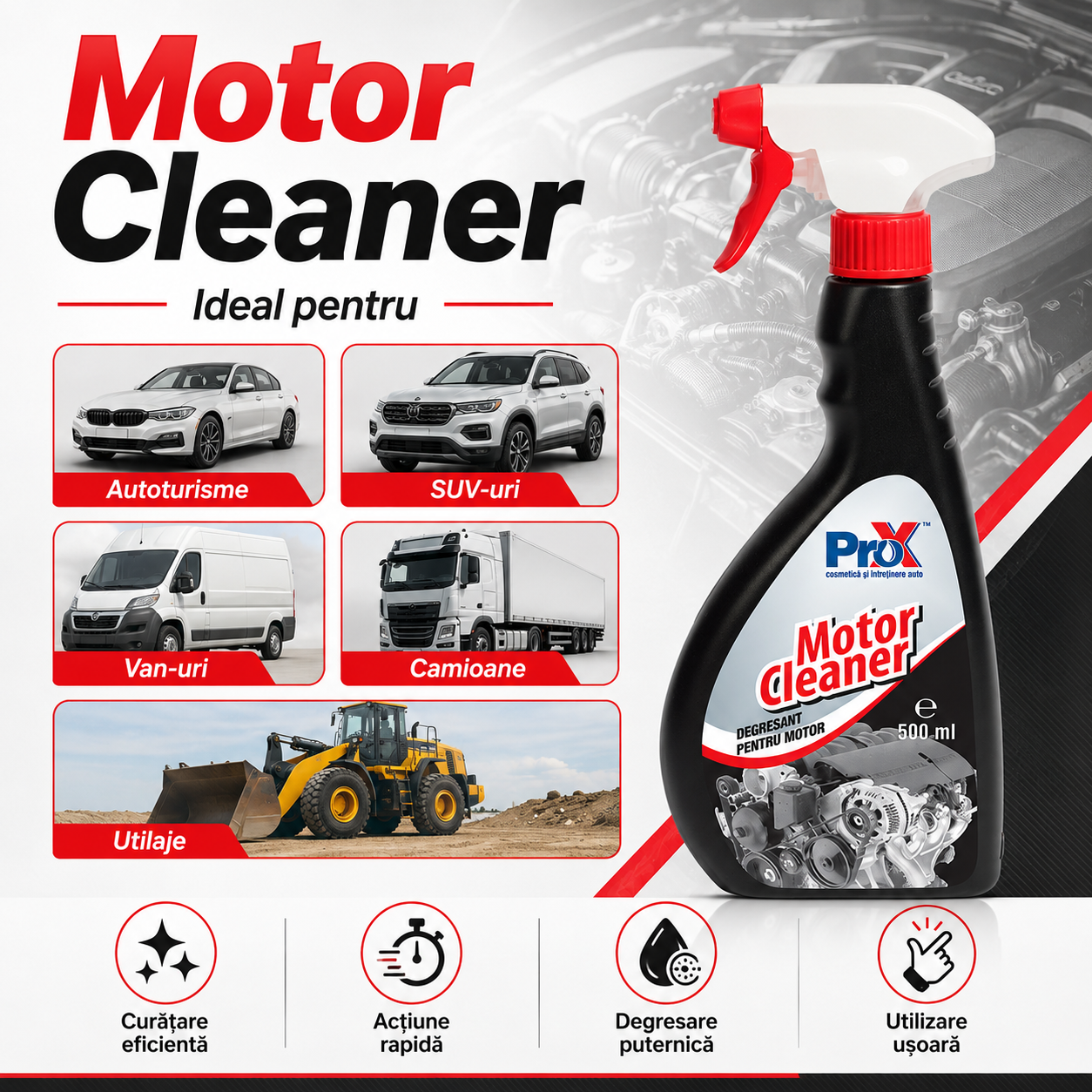 Instrucțiuni utilizare PRO X Motor Cleaner pulverizare 2-3 minute clătire